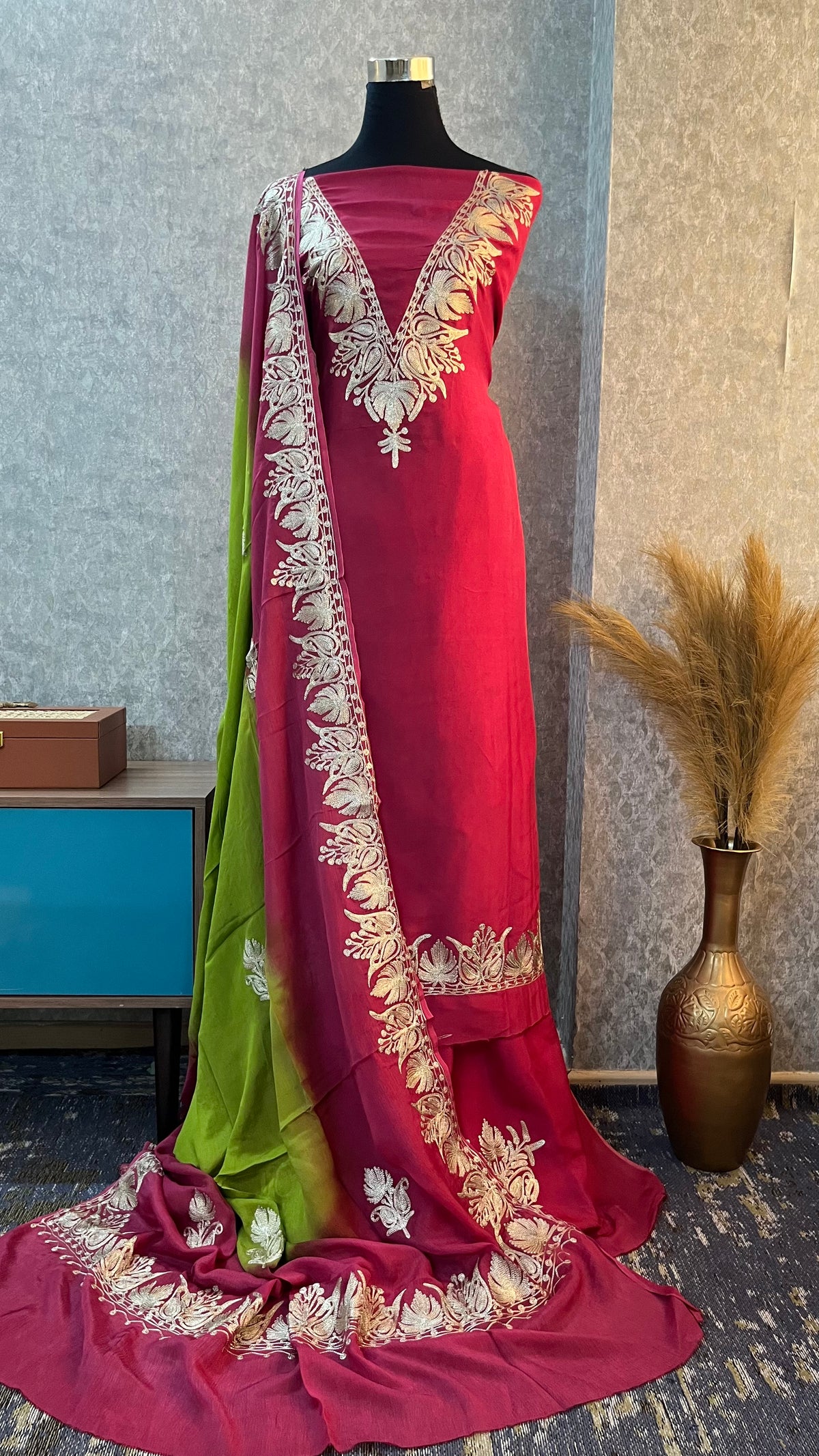 Magenta pink Sanam Silk Kashmiri Suit
