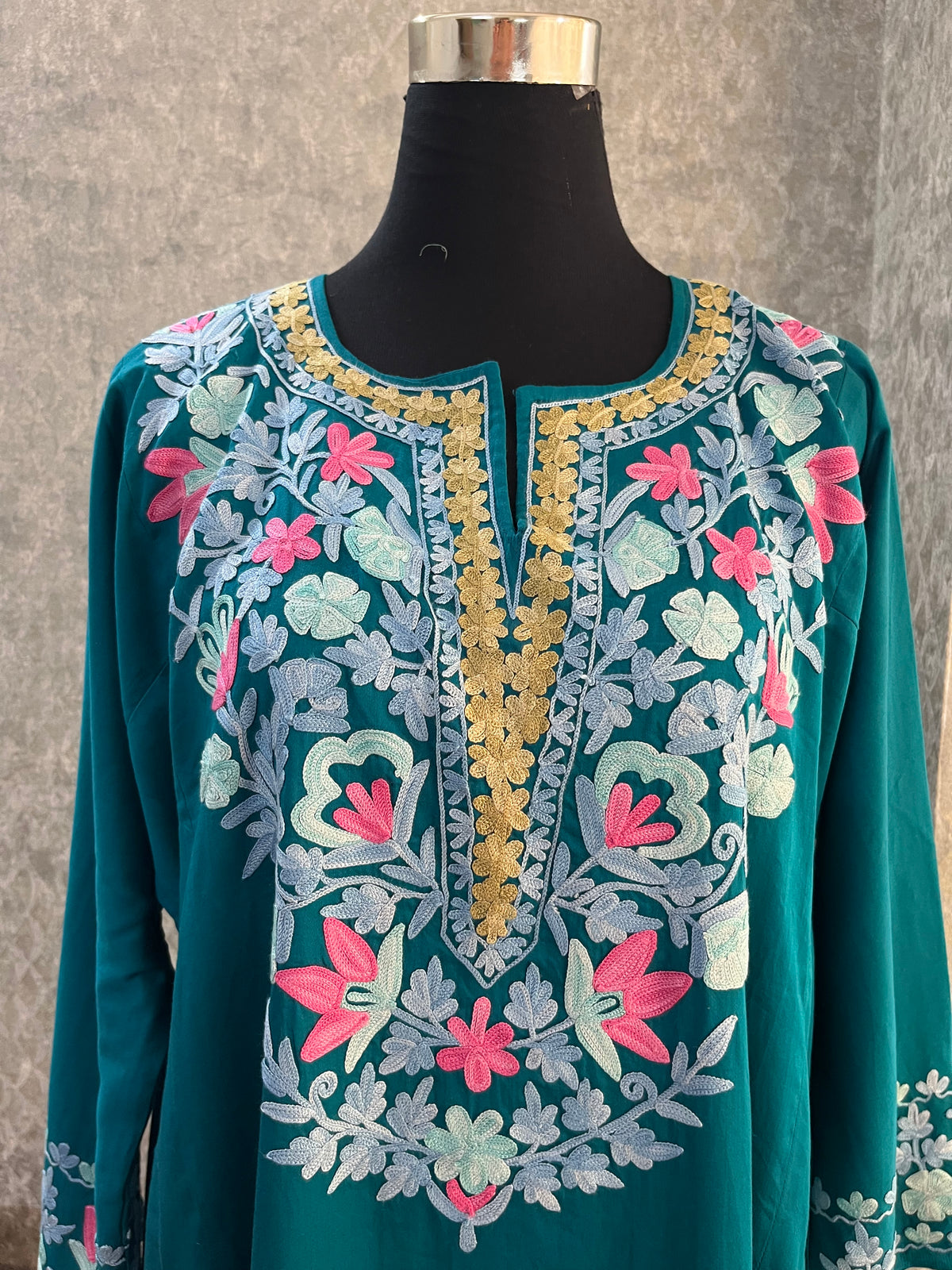 Blue Cotton Front Jaal Pheran Set  Size(44)