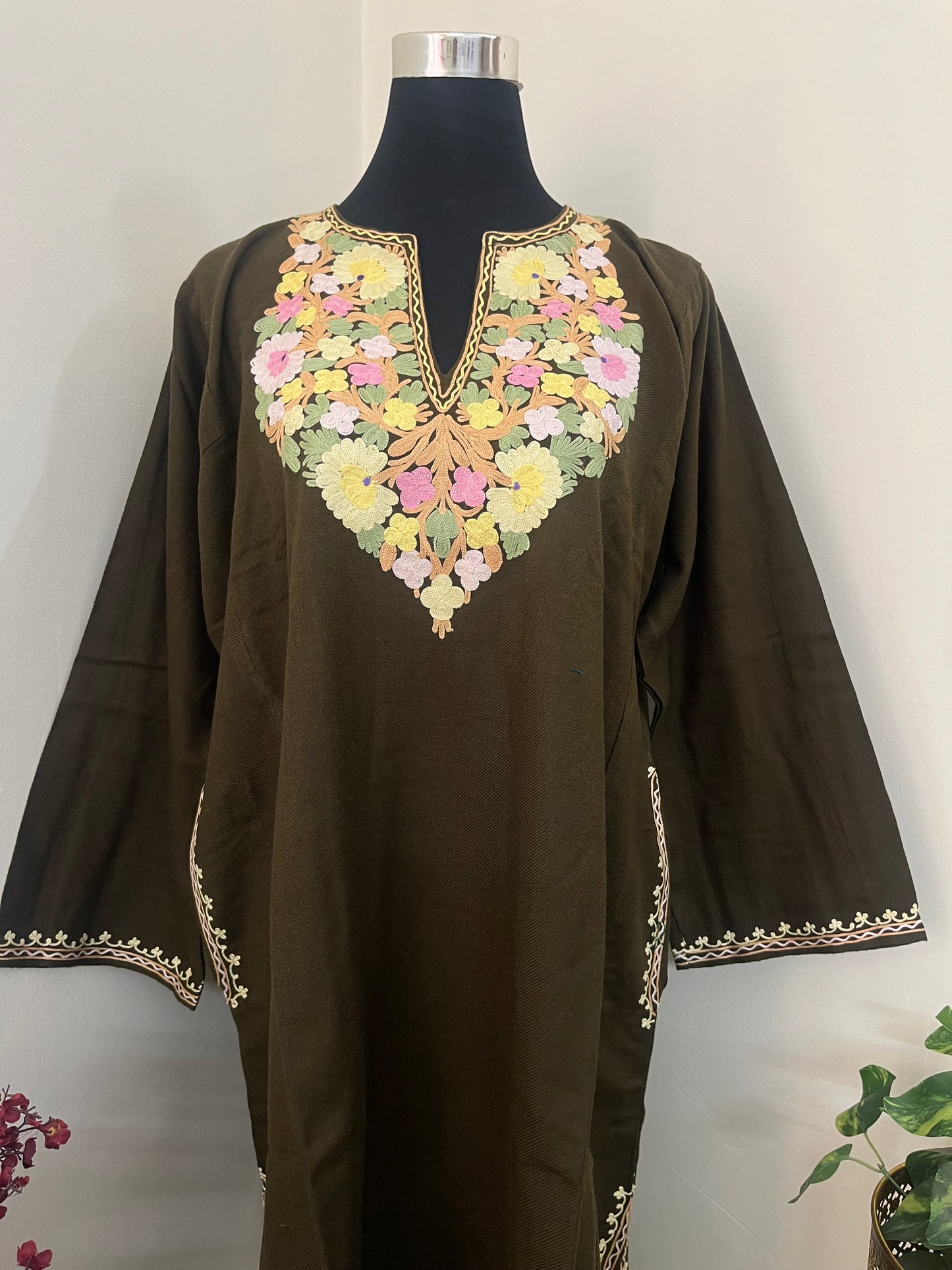 Army Green Aari Embroidered Wool Pheran