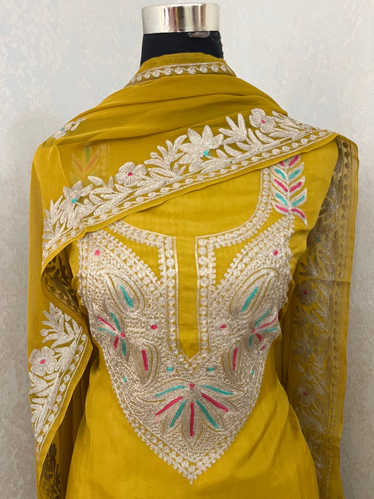 Golden Yellow Opada Silk Kashmiri Suits