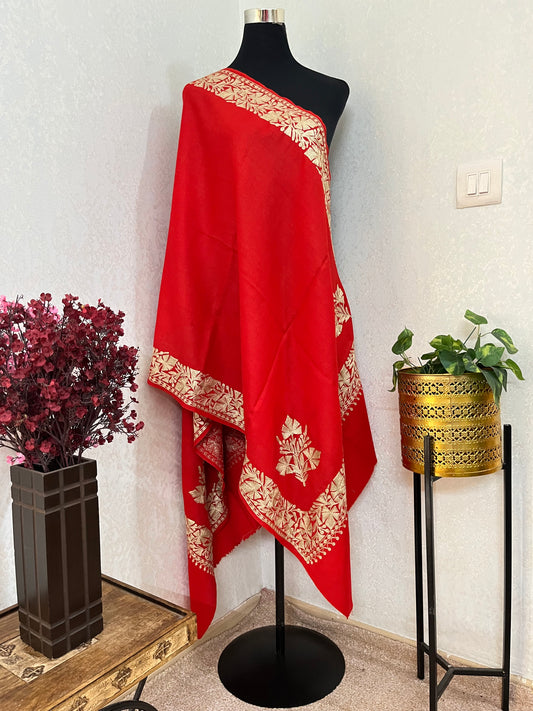 Red Semi Pashmina Tilla Embroidered stole