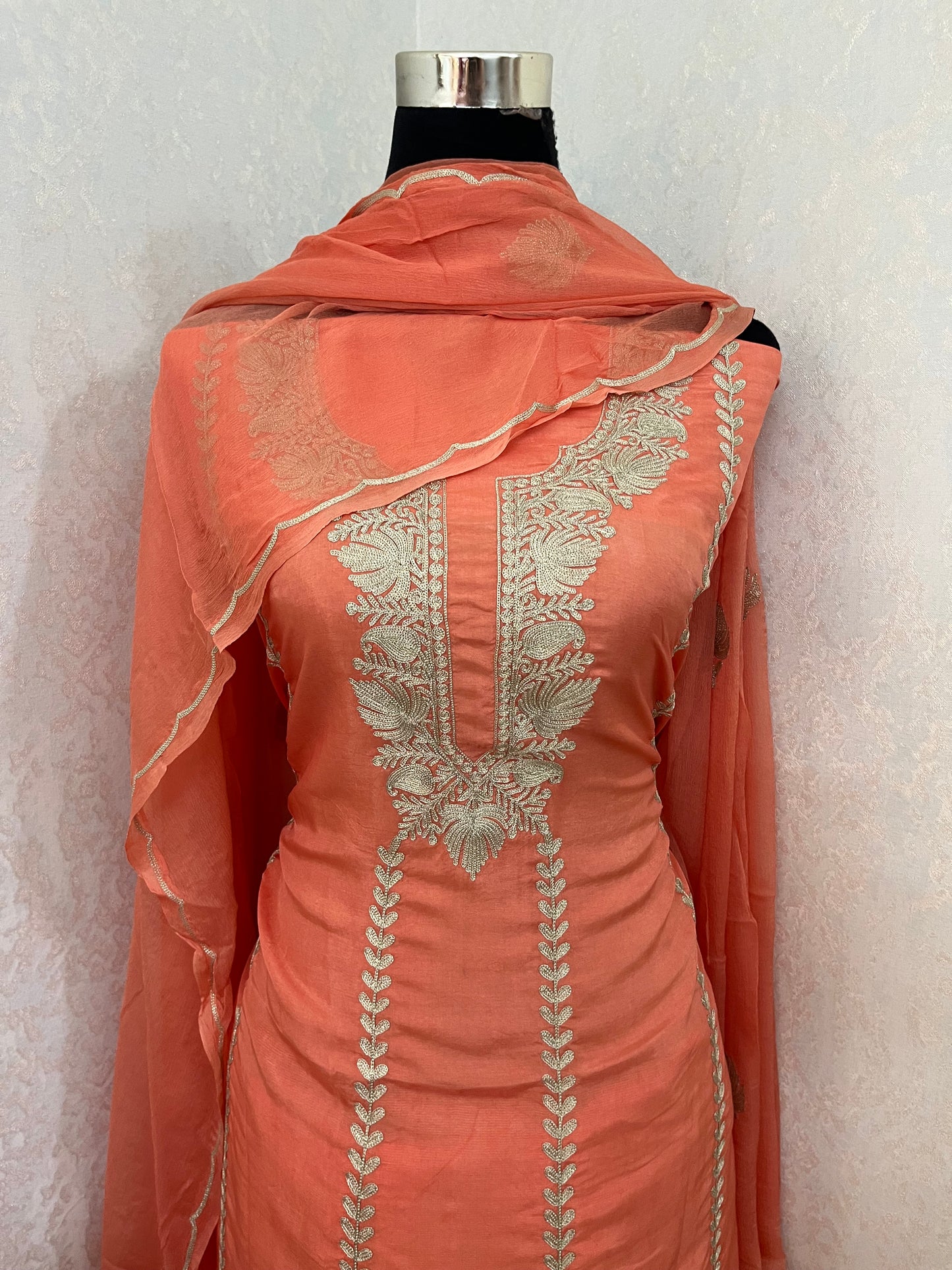Sanam’ Peach Silk Tilla Embroidered Suit material