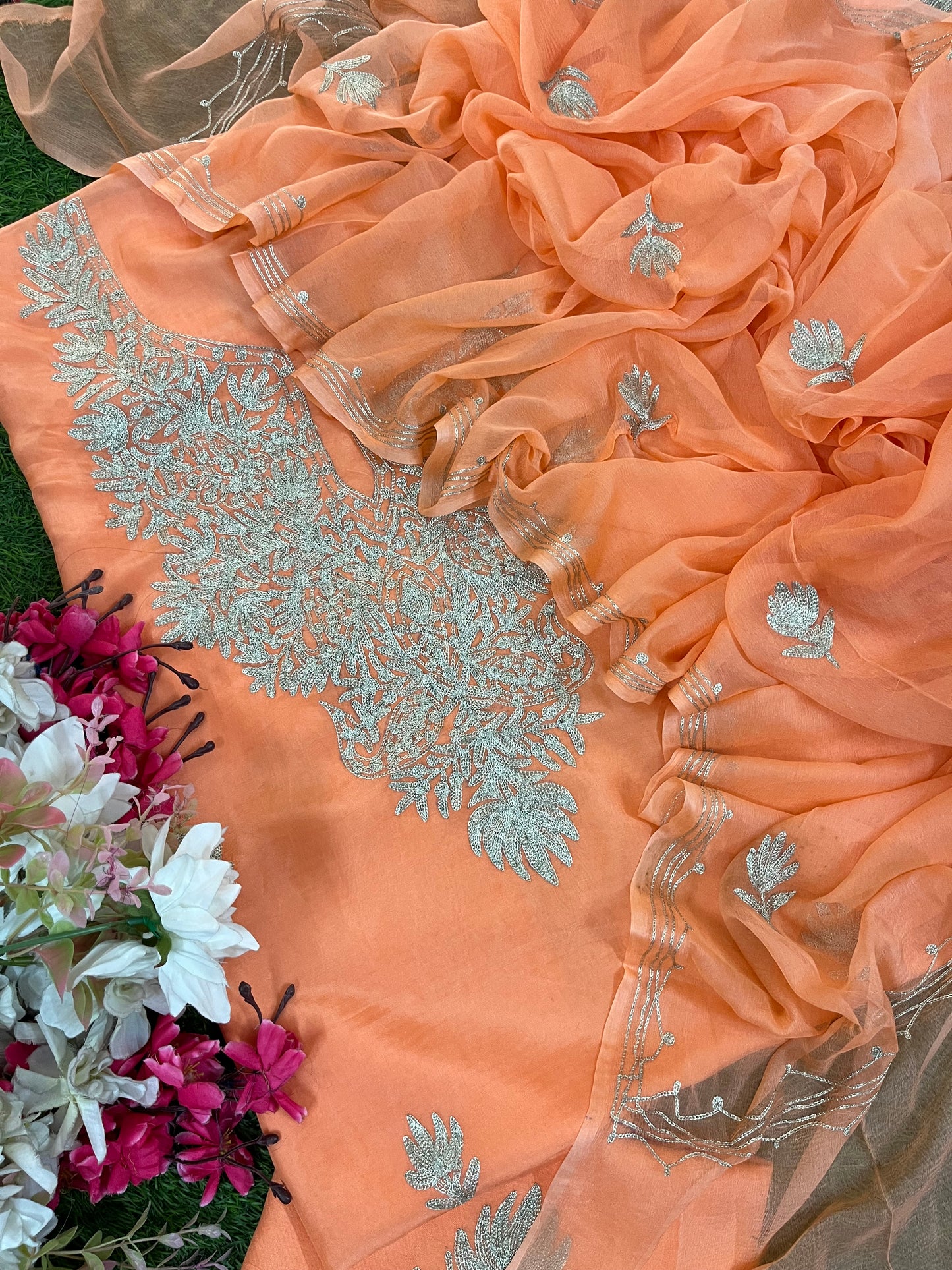 Peach Pink Silk Tilla Kashmiri Suit