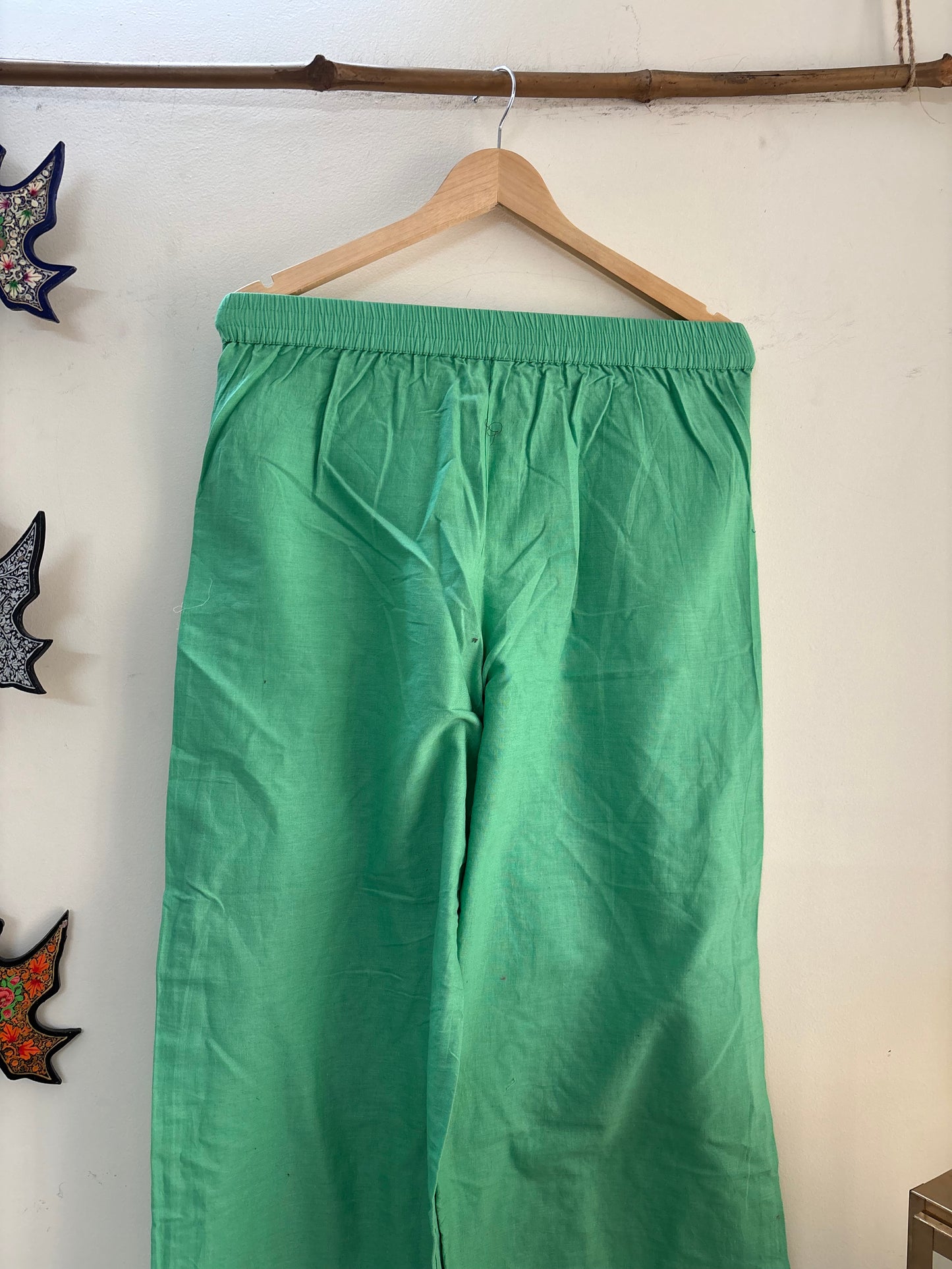 Women Green Solid Cropped Wide Leg Aari Embroidered Palazzos ‘M’