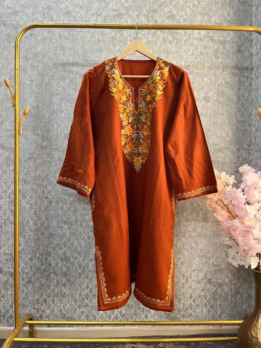 Orange Aari Embroidered Wool Pheran