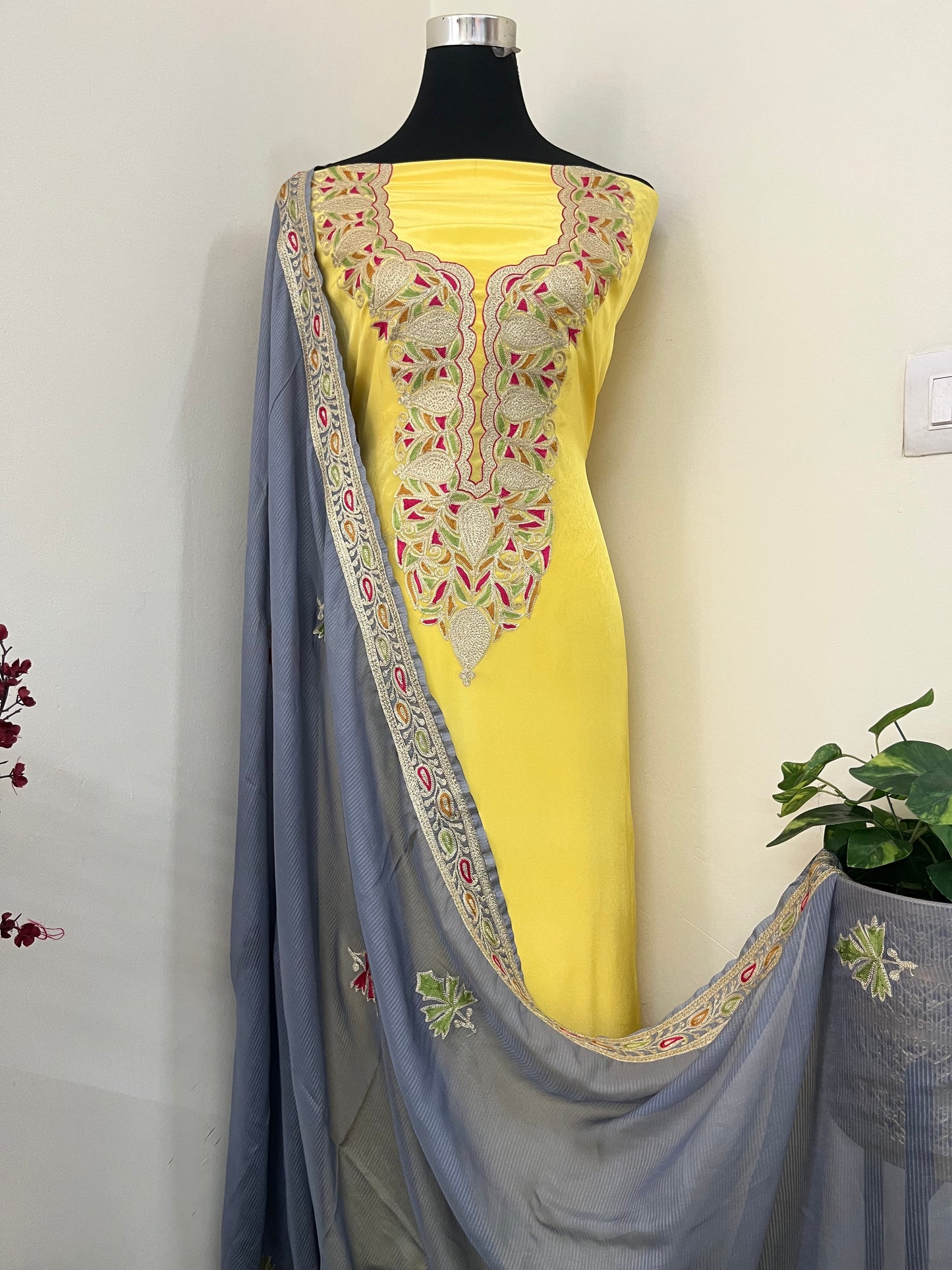 ‘Kalaa’ Lemon Yellow Crape Kashmiri Suit