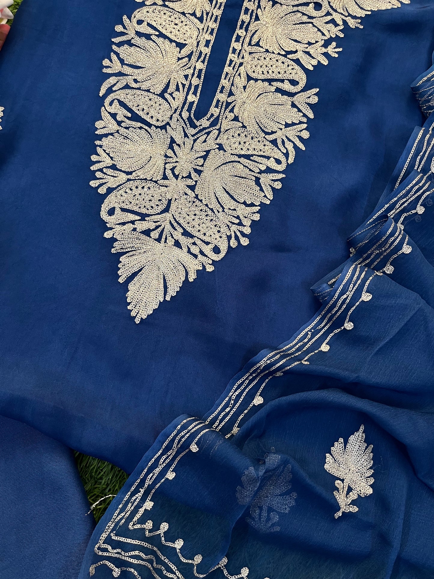 Electric Blue Silk Tilla Kashmiri Suit