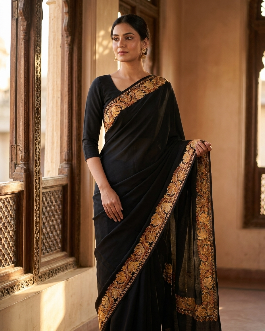 Black Crape Kashmiri Saree with Tilla Outline