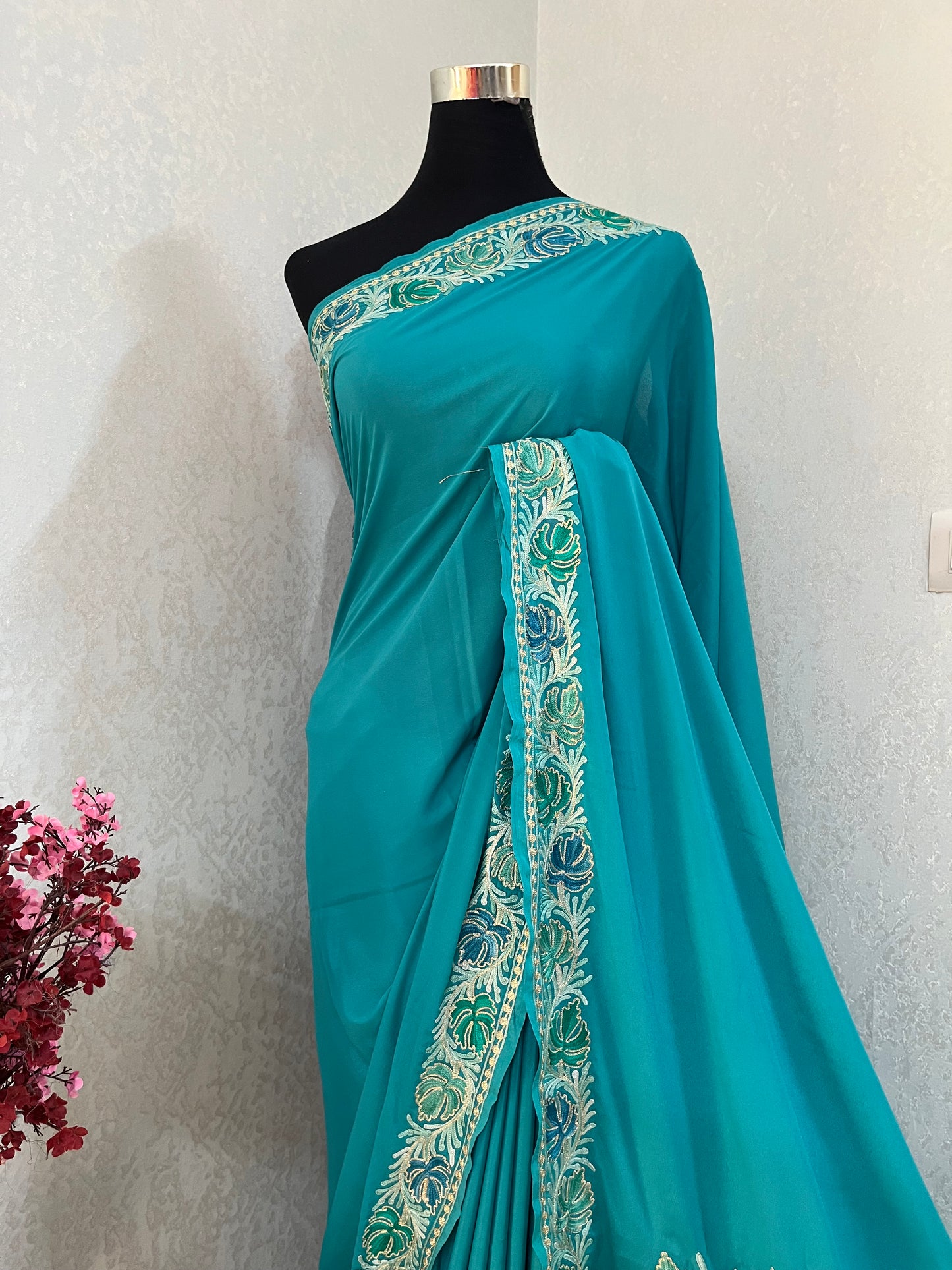 Blue Crape Kashmiri Saree with Tilla Outline