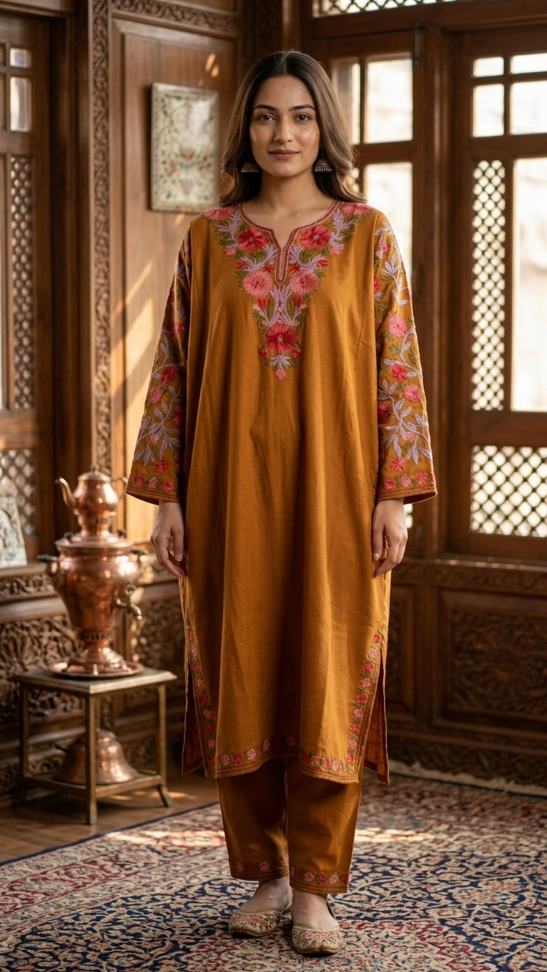 Mustard Brown Cotton Arm Jaal Pheran Set