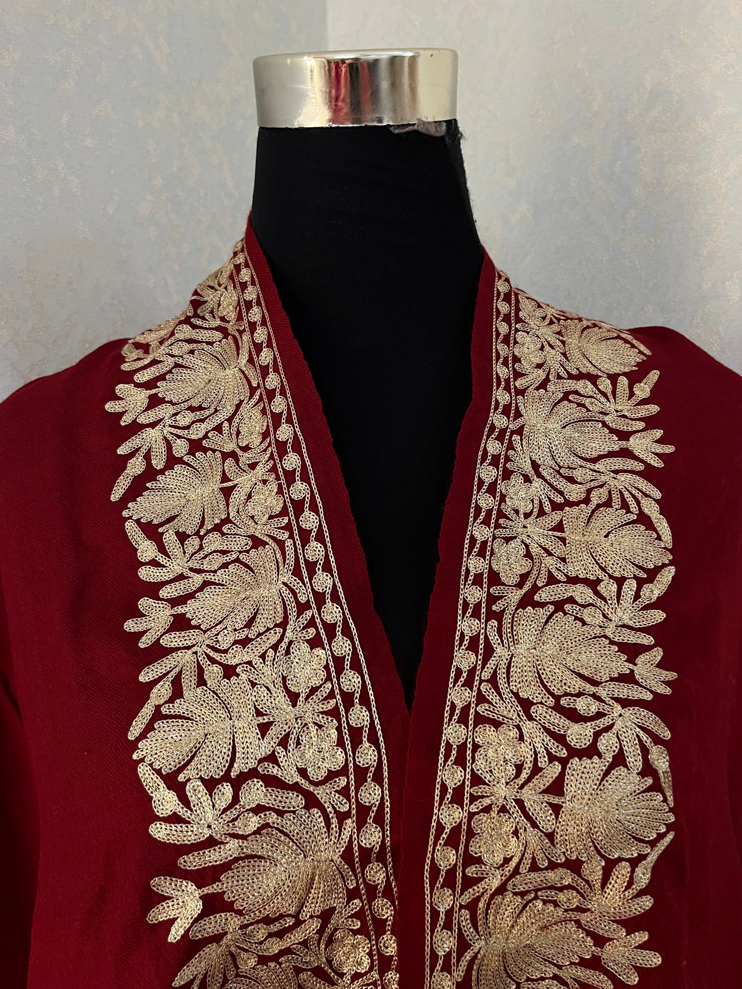 Maroon Semi Pashmina Tilla Embroidered stole