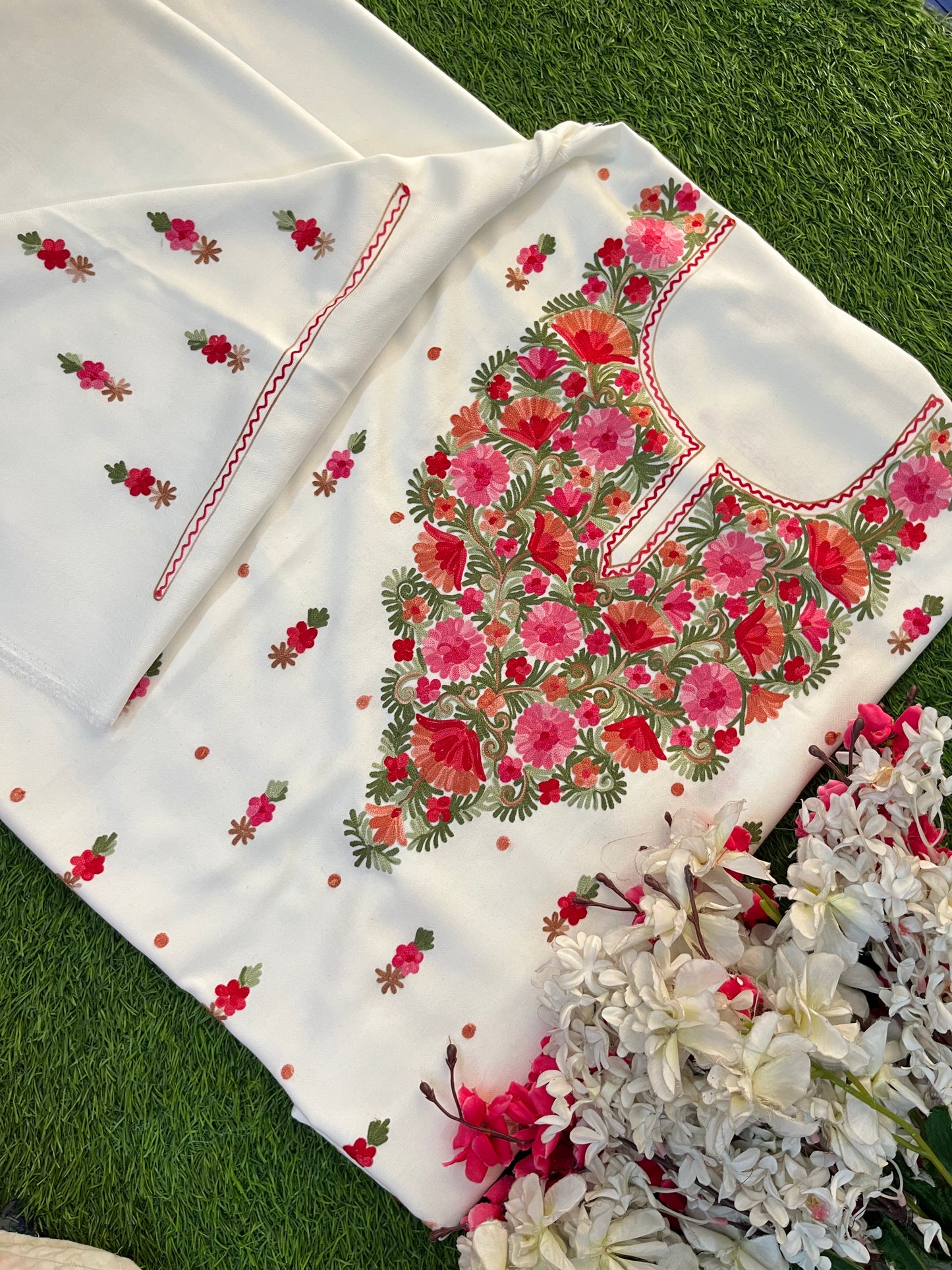Off White Woollen Aari Embroidered 3pc suit