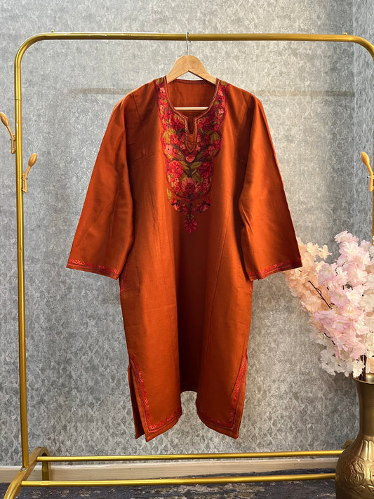 Orange Aari Embroidered Wool Pheran