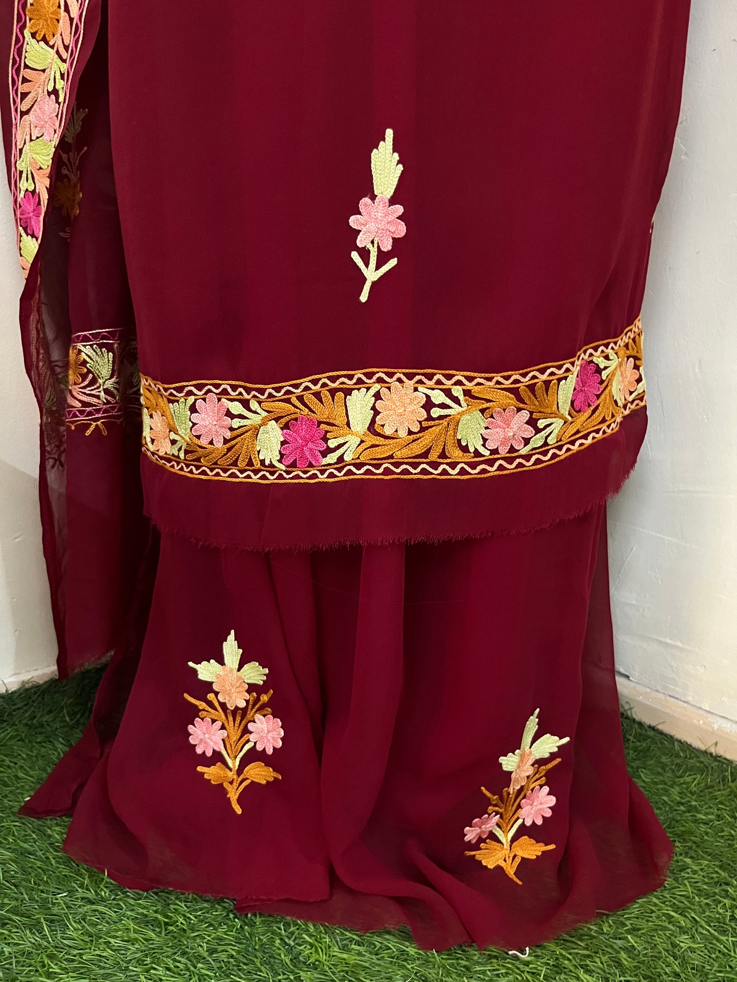 Maroon Georgette 3 Pc Aari Embroidered Suit Set