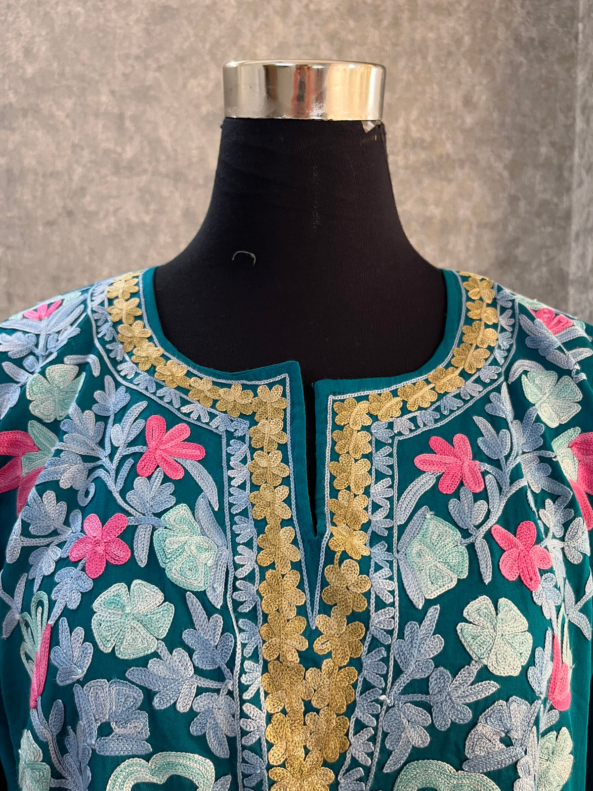 Blue Cotton Front Jaal Pheran Set  Size(44)