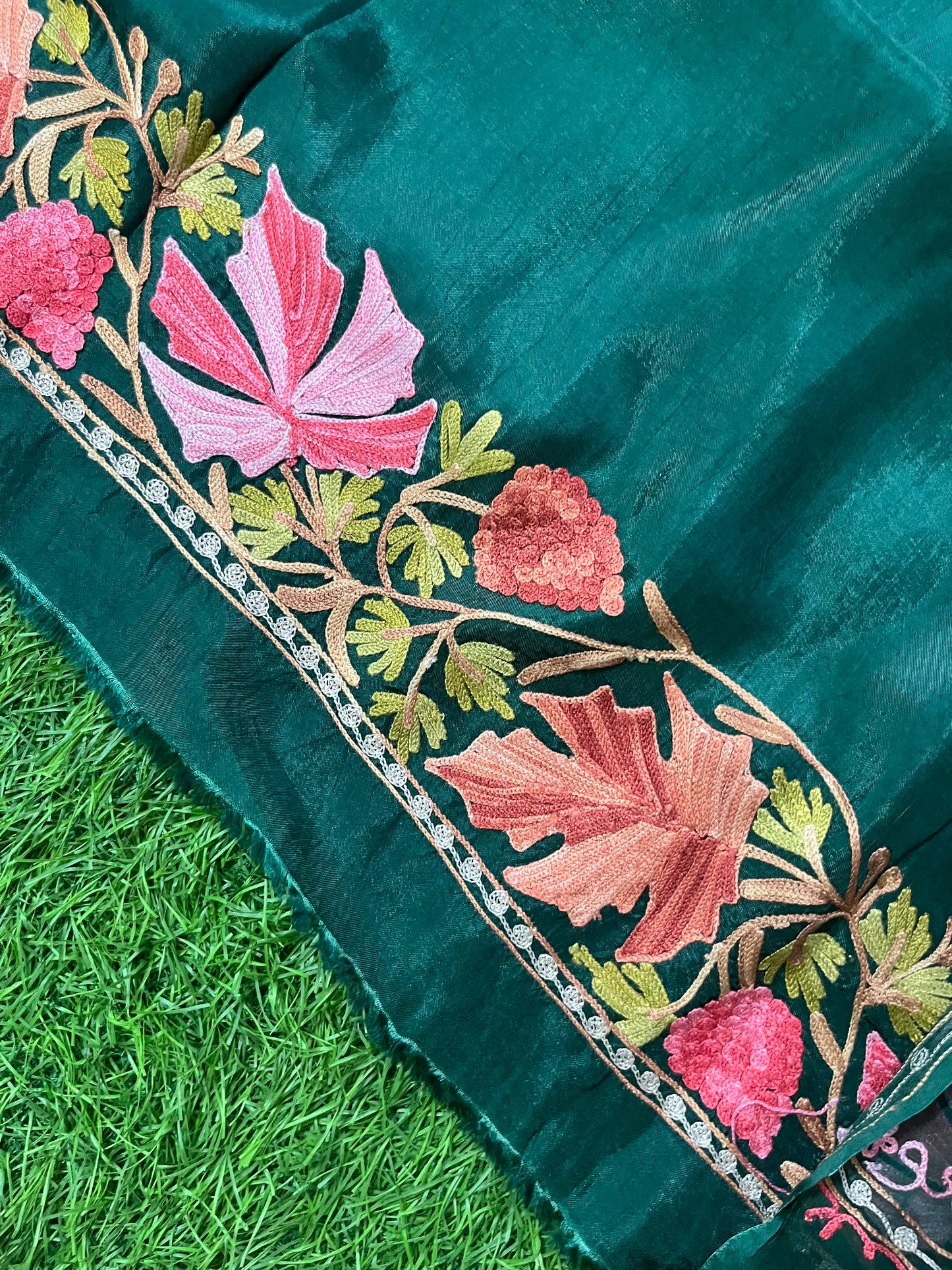 Bottle Green Opada Silk Aari Embroidered Suit material