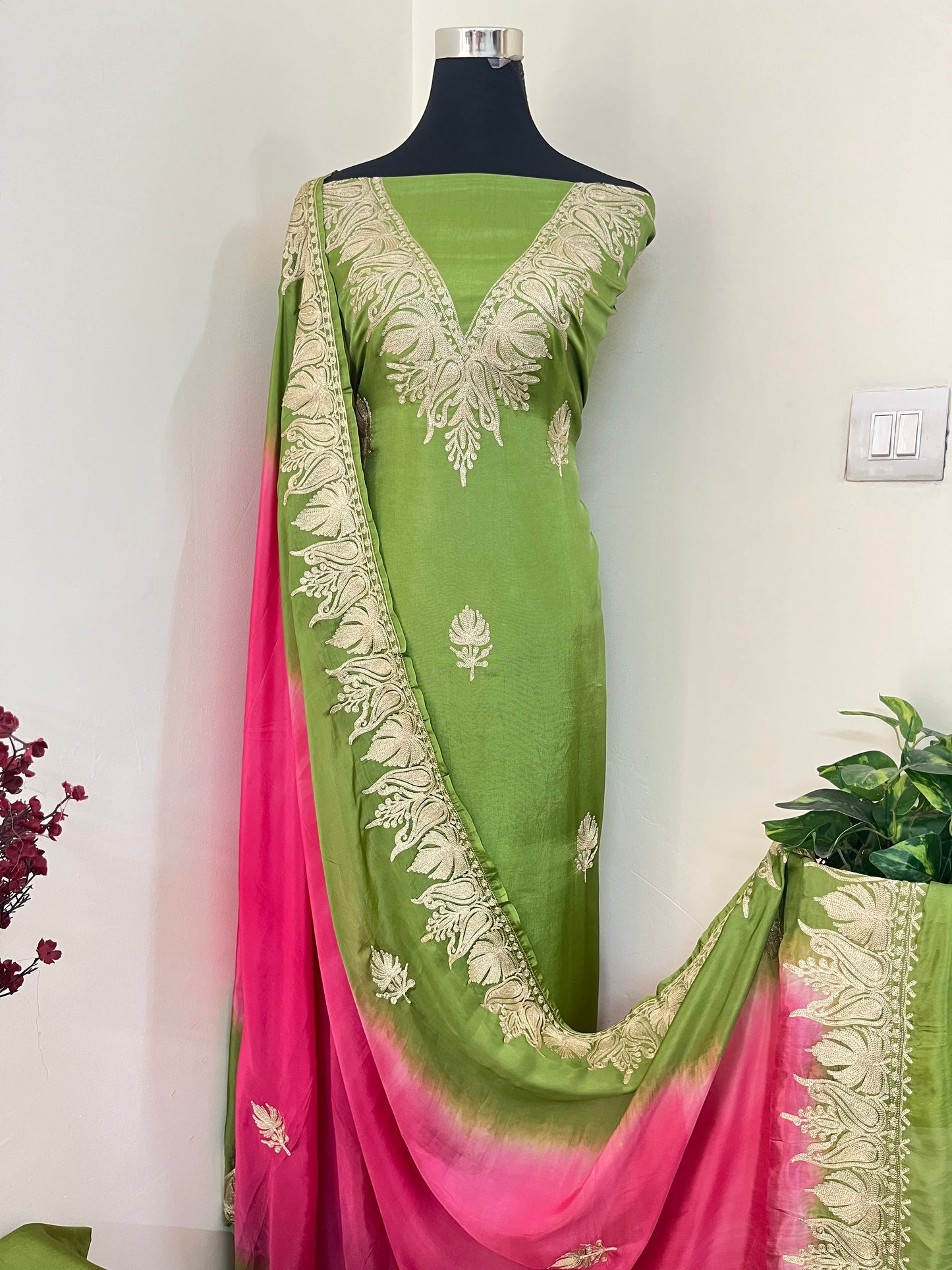 Sanam Henna Green Silk Kashmiri Suit