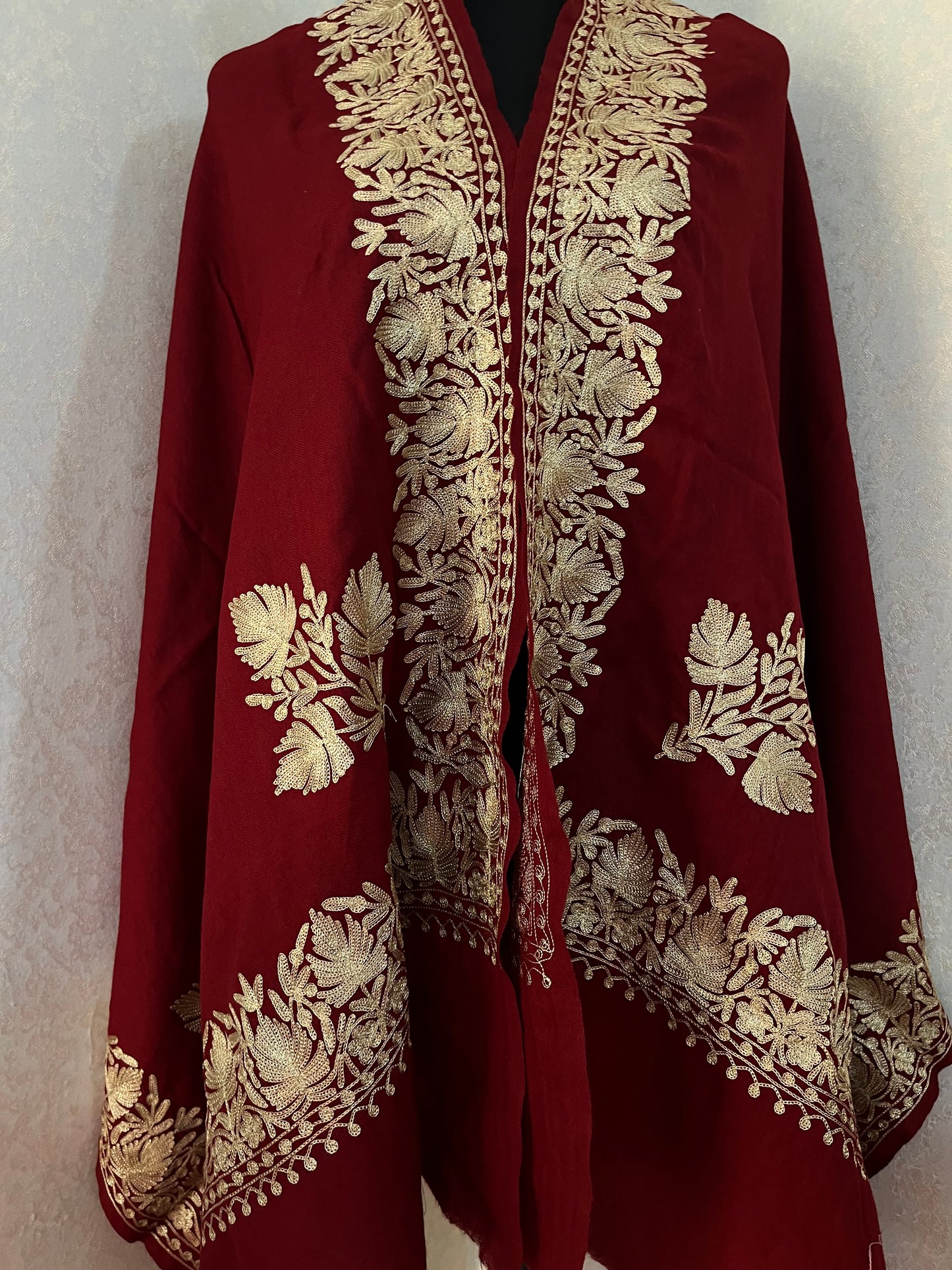 Maroon Semi Pashmina Tilla Embroidered stole