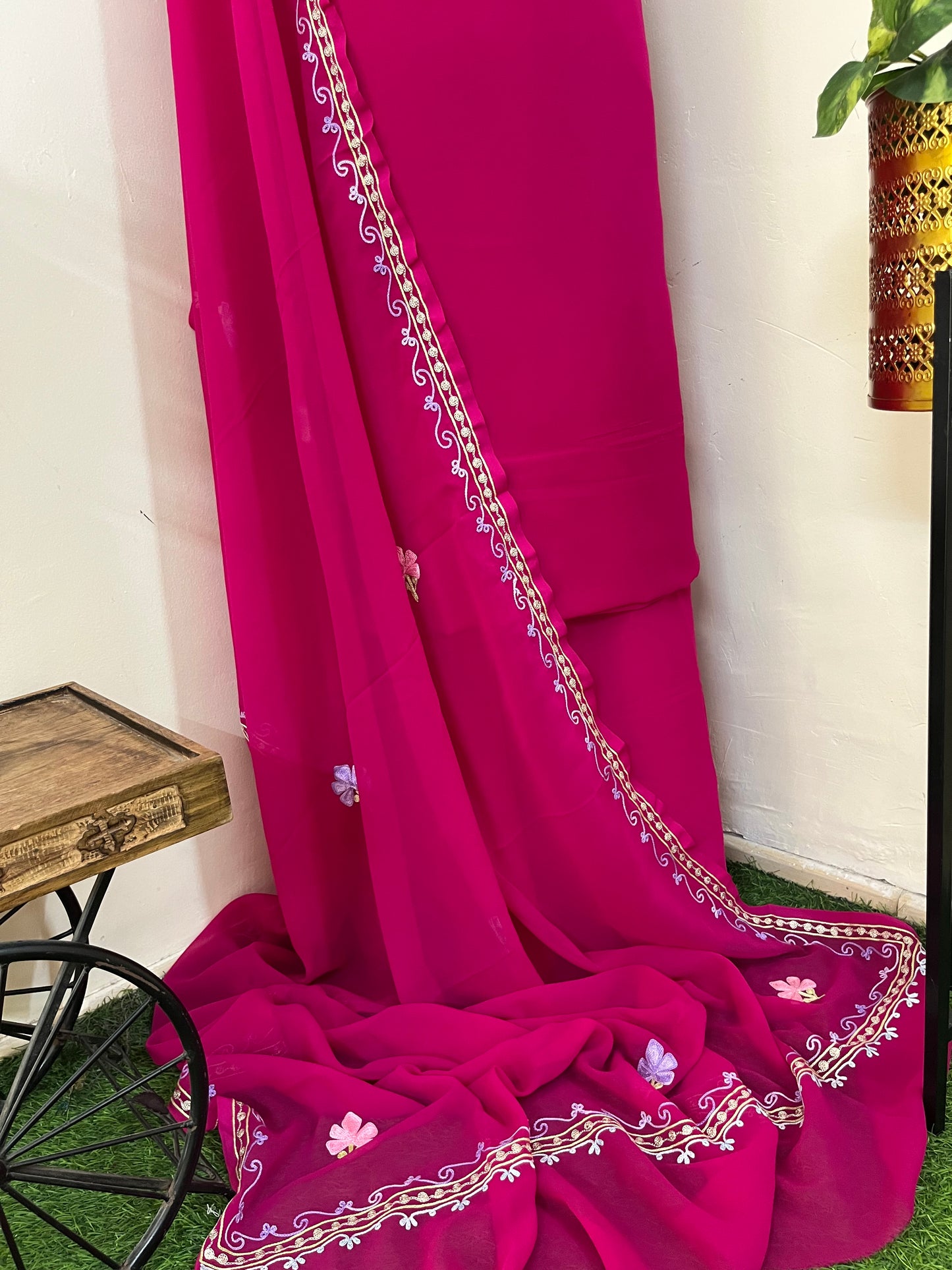 Hot Pink Georgette 3 Pc Aari Embroidered Suit Set