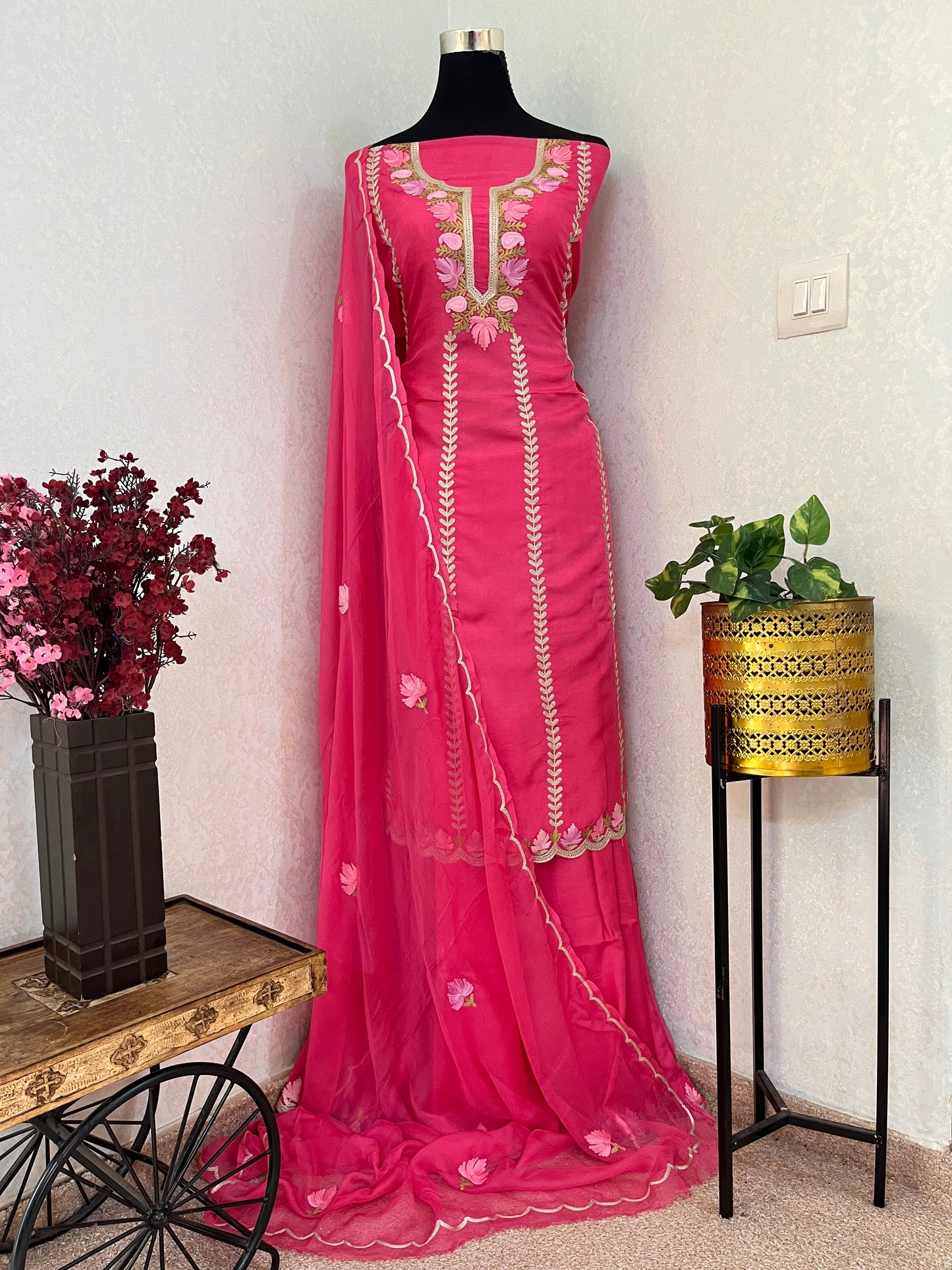 Sanam’ Candy Pink Silk Aari Embroidered Suit material
