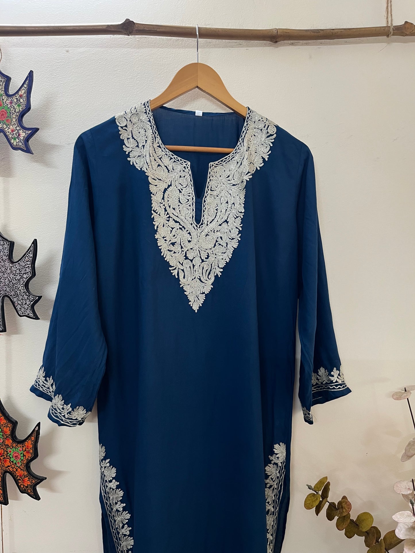 Blue Cotton Tilla Embroidered Stitched Kurta