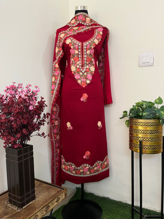 Maroon Rayon Cotton Kashmiri 3pc set