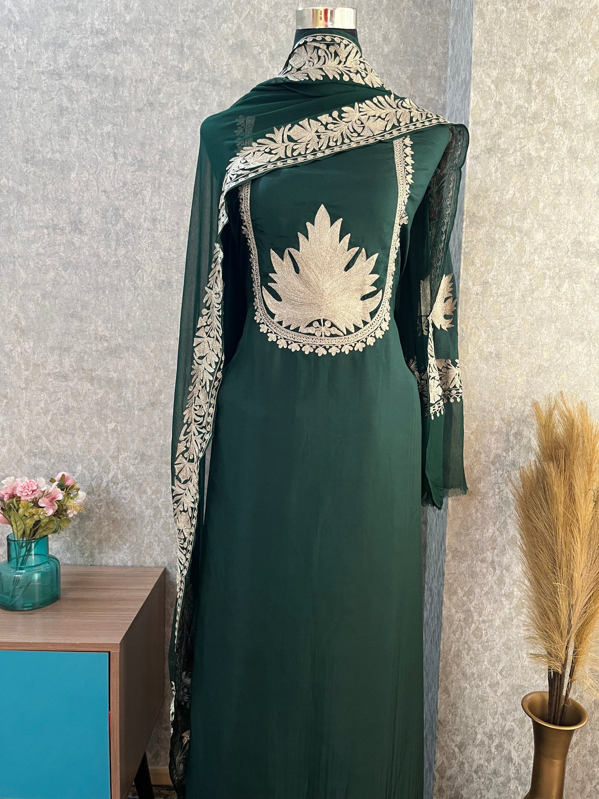 Bottle Green Sanam’ Tilla Kashmiri Silk Suit