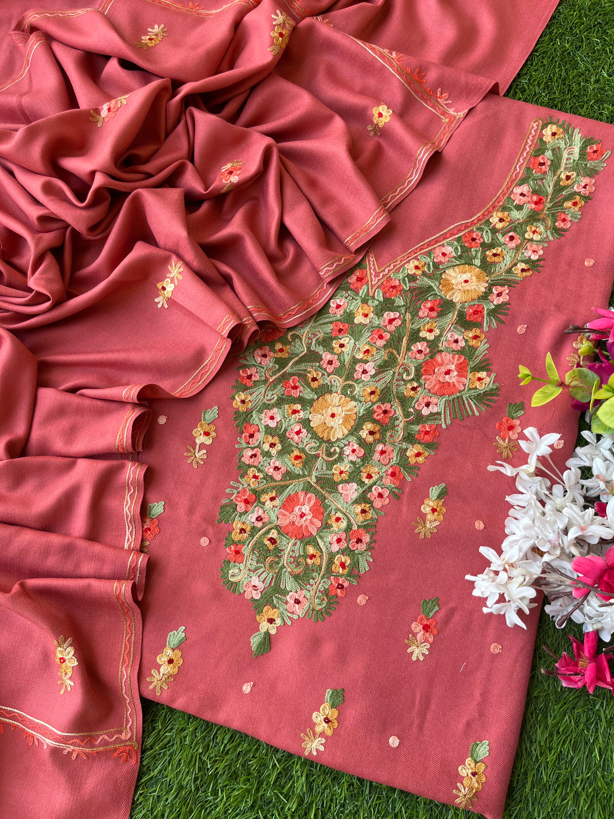Pink Woollen Aari Embroidered 3pc suit