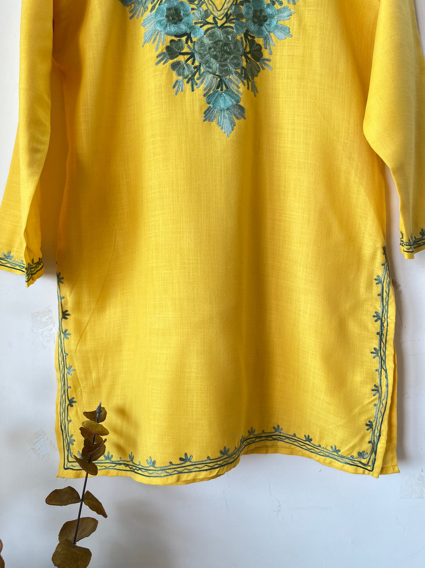 Yellow Cotton Aari Work Kurta