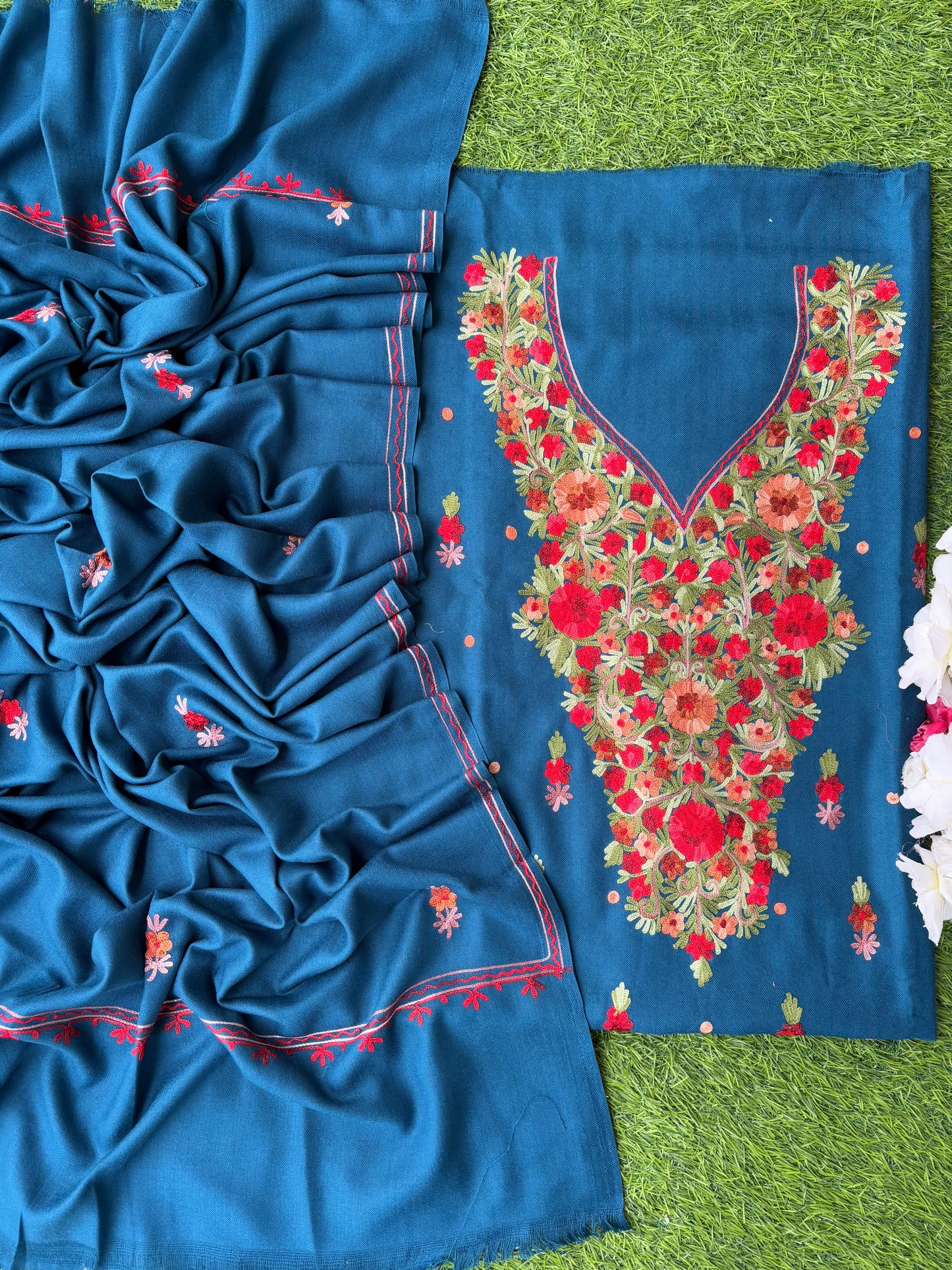 Peacock Blue Woollen Aari Embroidered 3pc suit