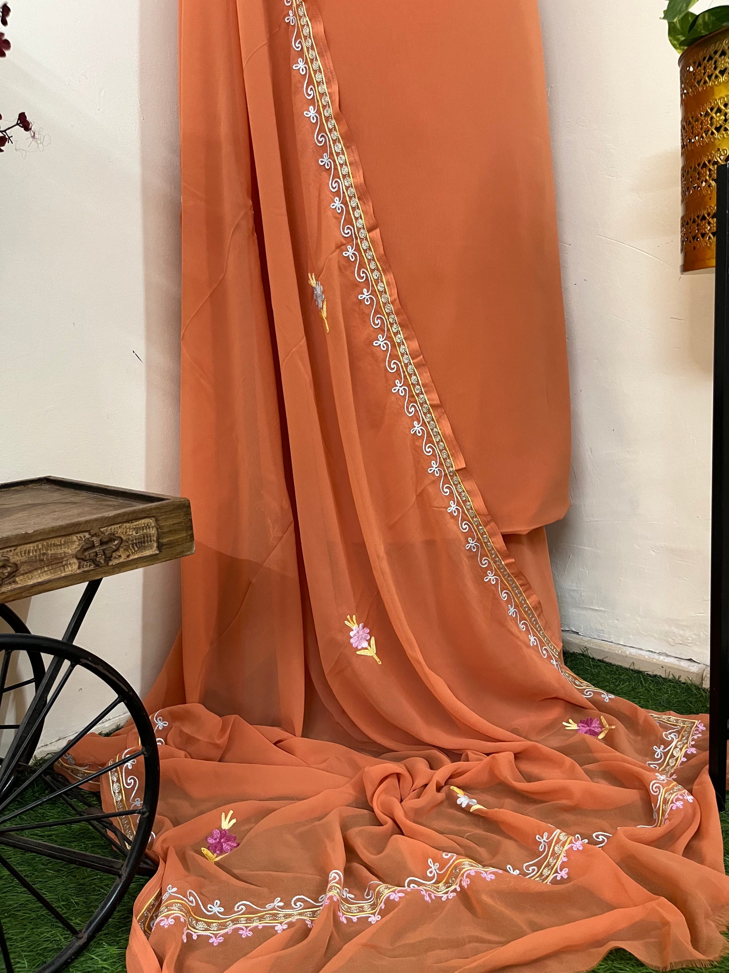 Soft Orange Georgette 3 Pc Aari Embroidered Suit Set