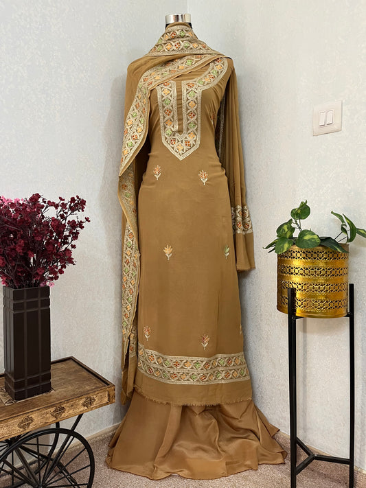Golden Pure Georgette 3Pc Kashmiri Embroidered Suit