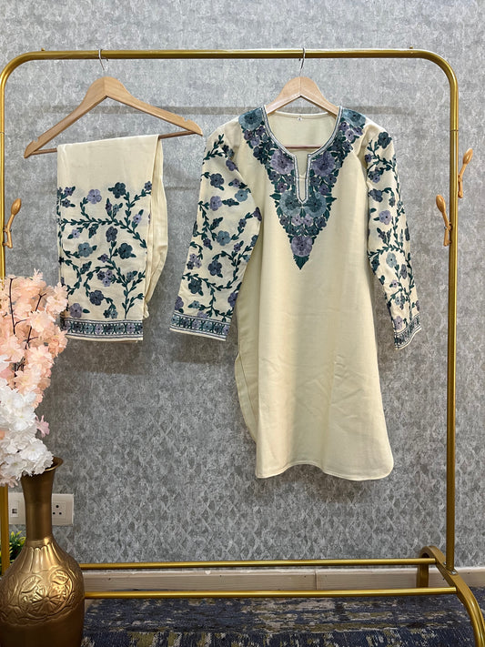 Off White Woollen Kashmiri Co-Ord Set ( Size 40 )