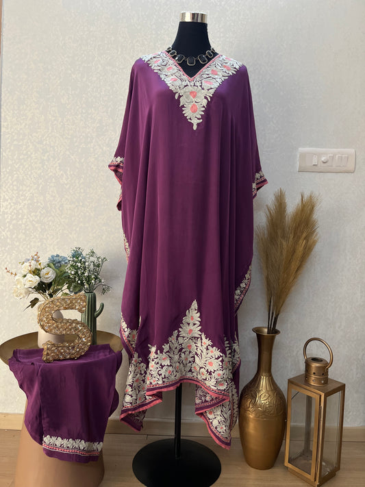 Wine Crape Kashmiri Kaftan Set size