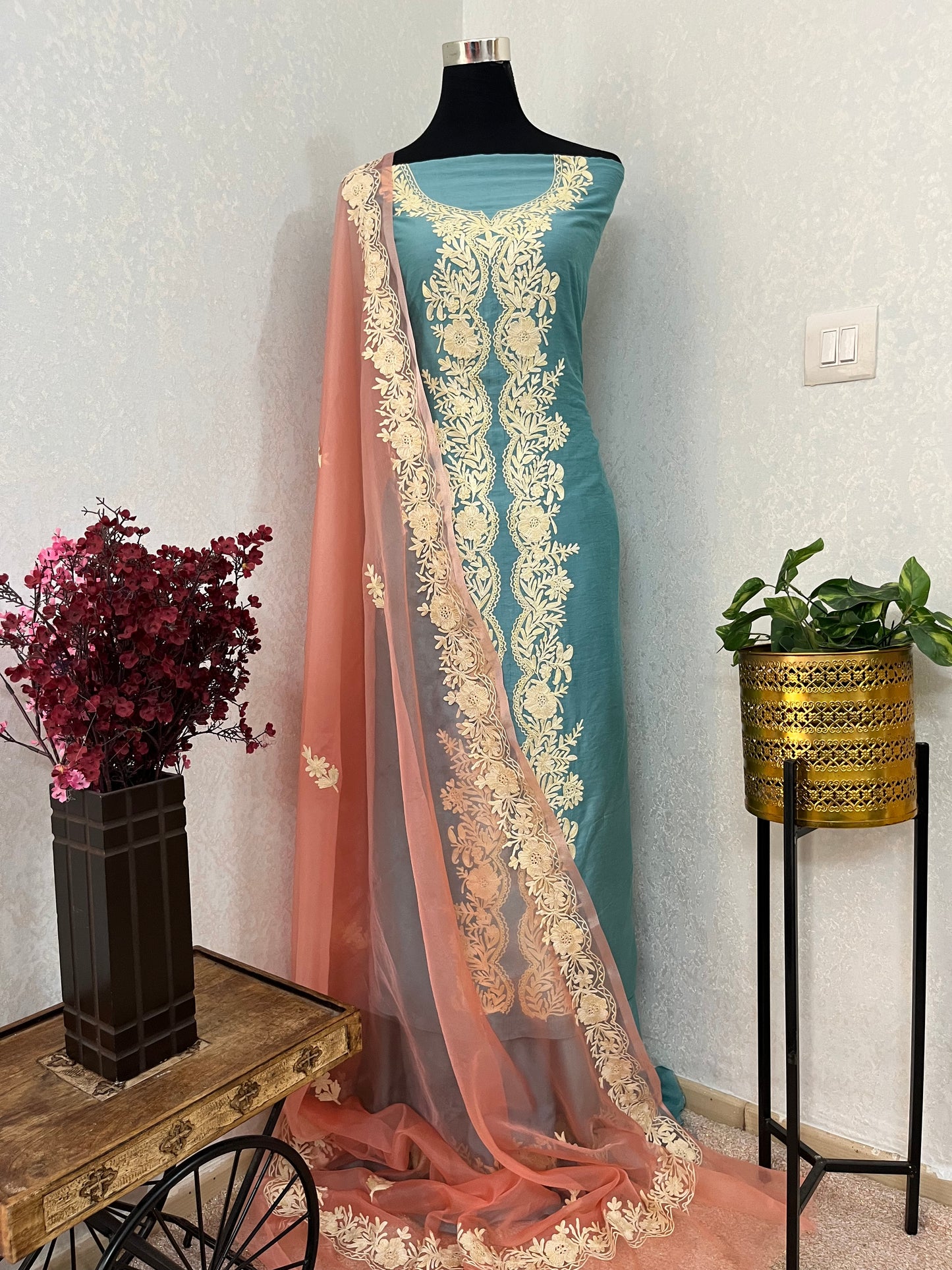 Soft Blue Chanderi Silk Kashmiri Suit