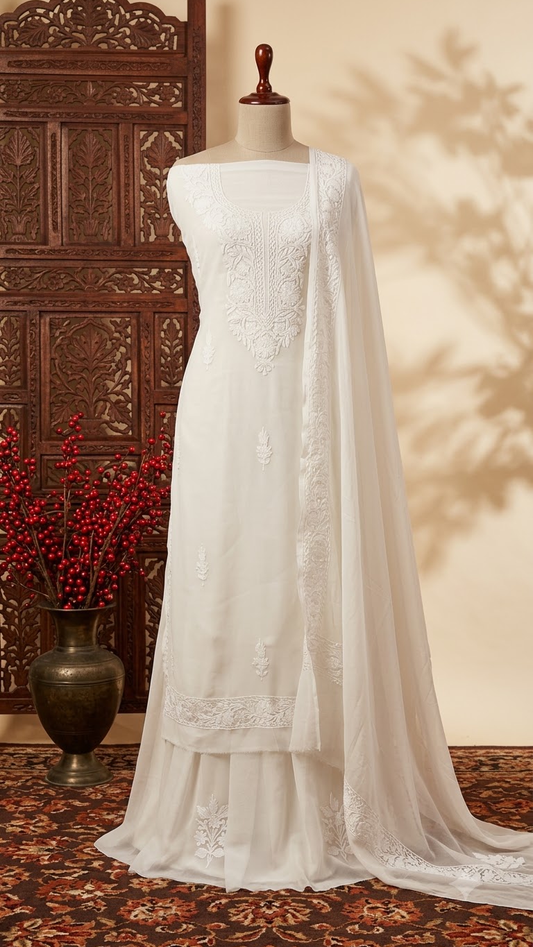 Off White Georgette Aari Embroidered Suit Set