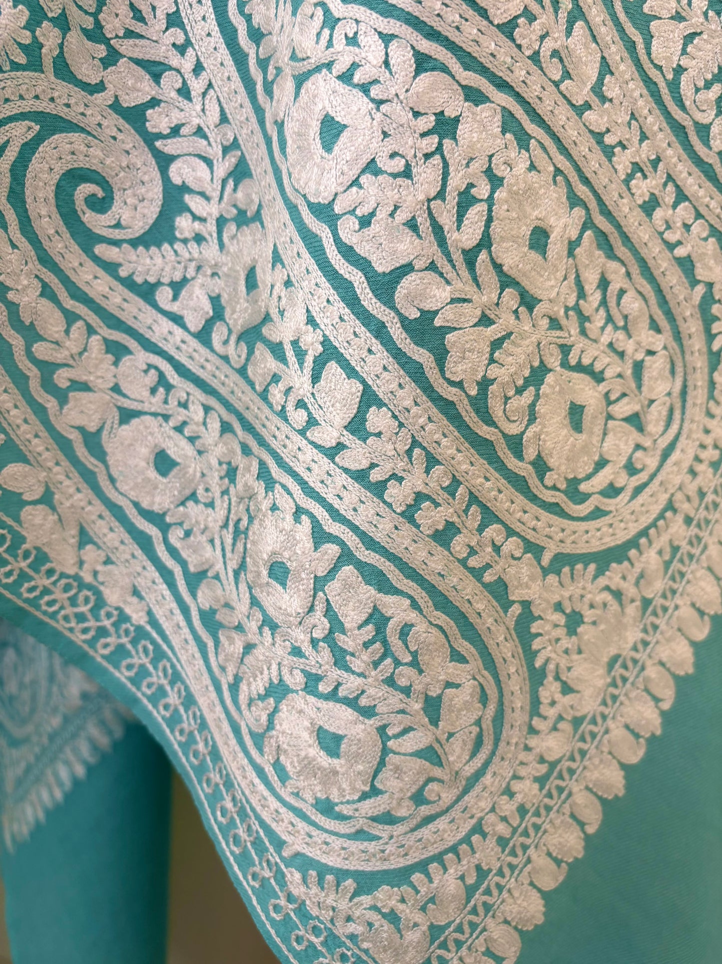 Aqua Blue Kashmiri Stole ( Semi Pashmina )