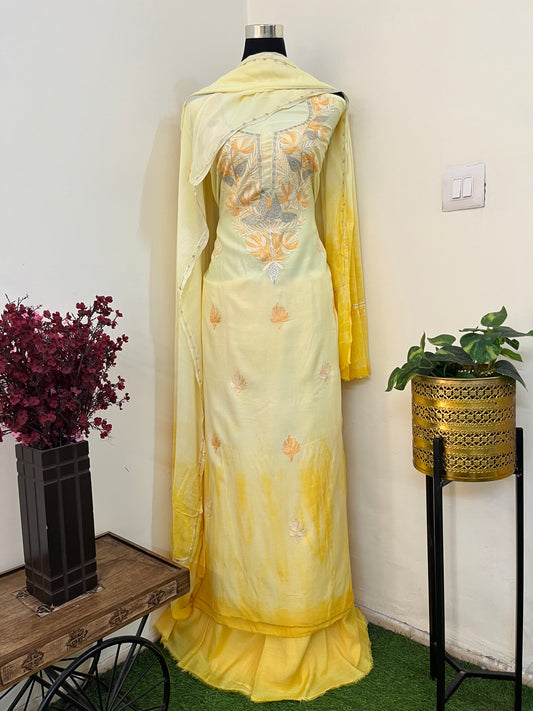 Lemon Yellow Mul Cotton Shibori Work Kashmiri 3pc Suit