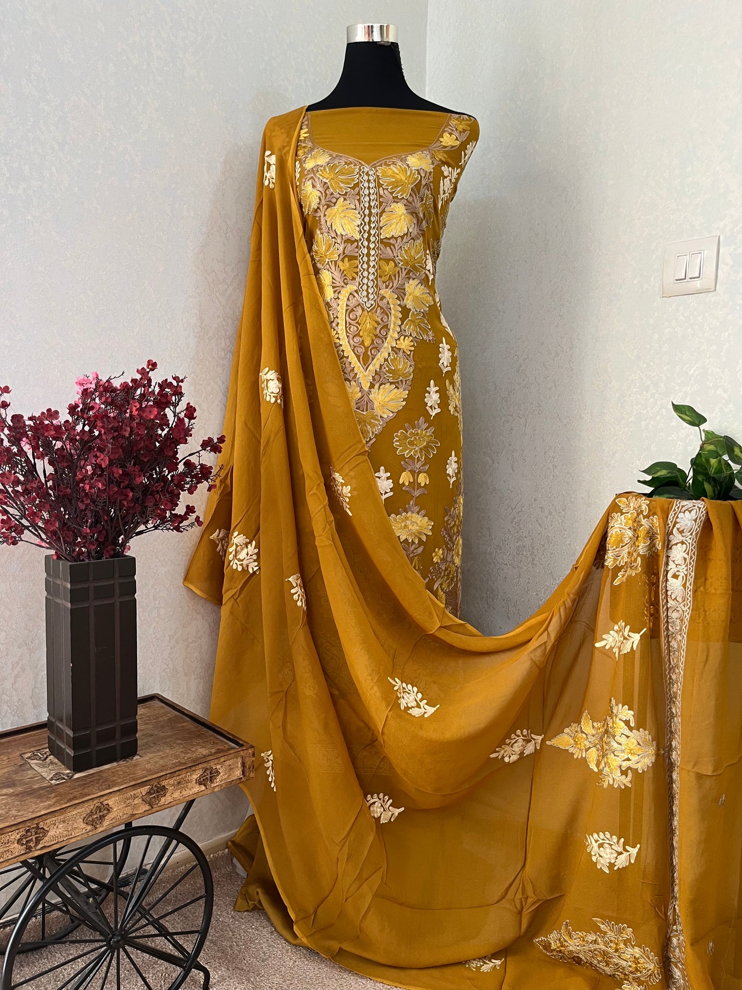 Mustard Pure Georgette 3 Pc Heavy Kashmiri Suit