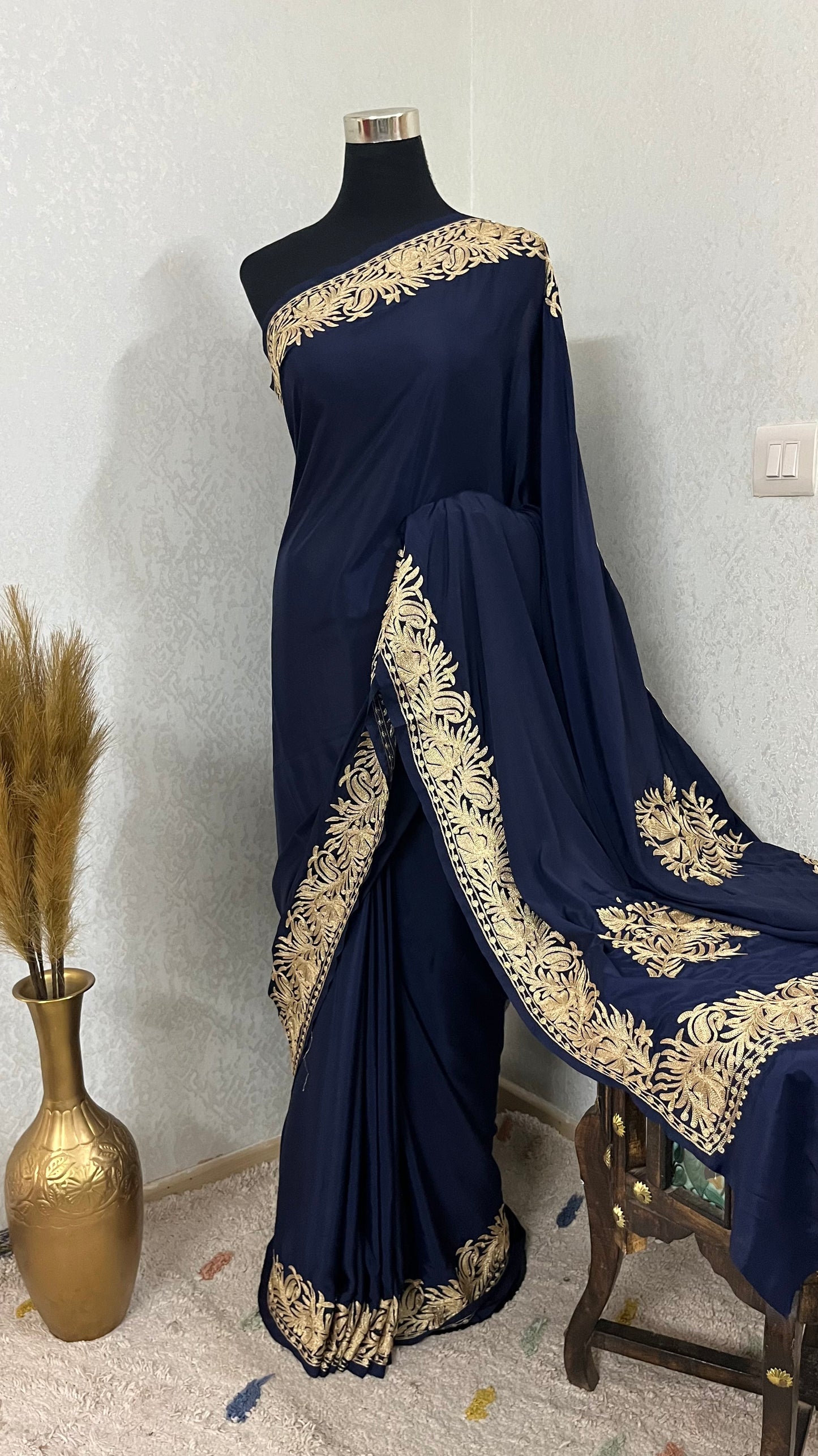 Navy Blue Crape Kashmiri Tilla Saree