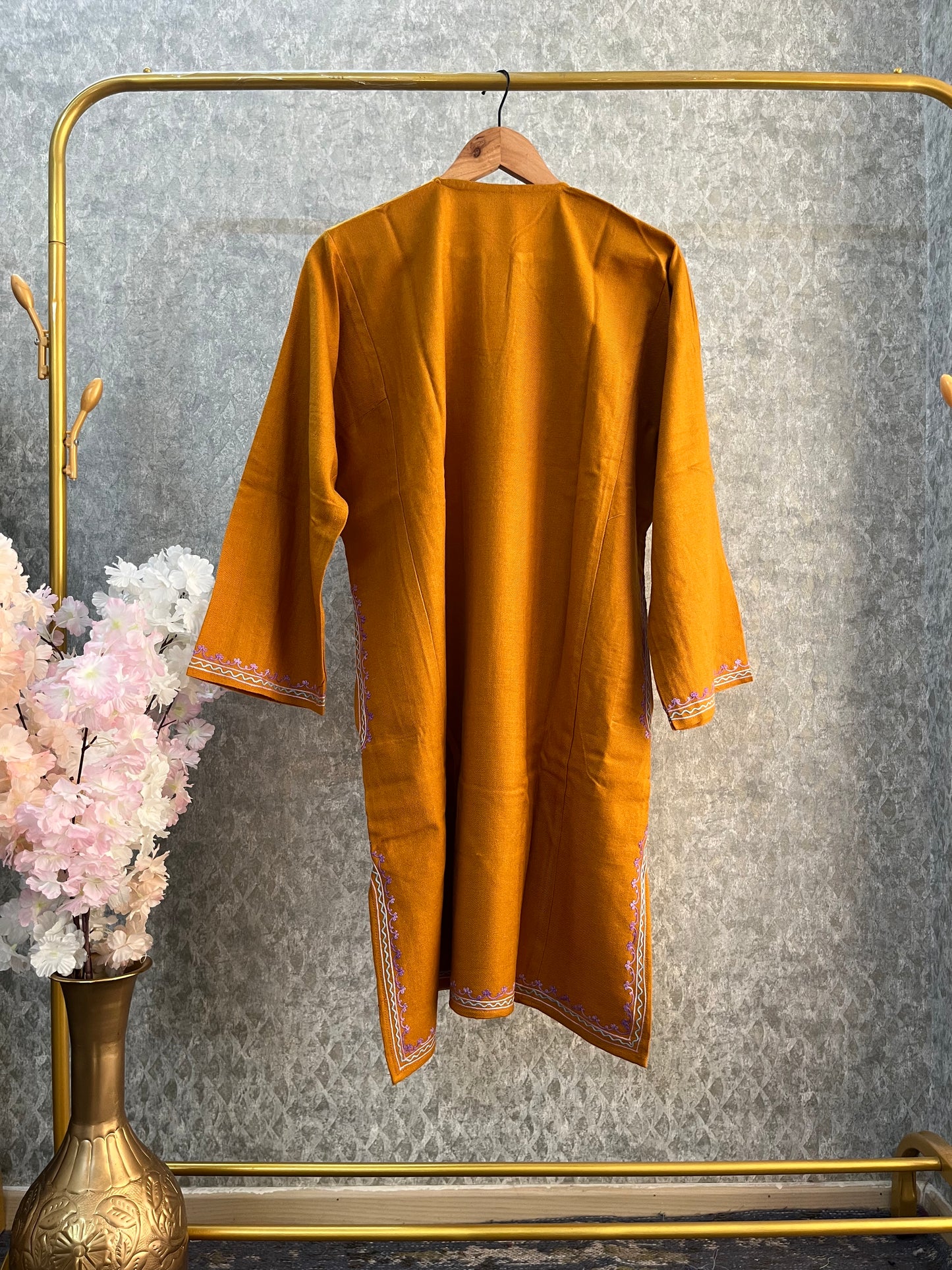 Mustard Yellow Aari Embroidered Wool Pheran