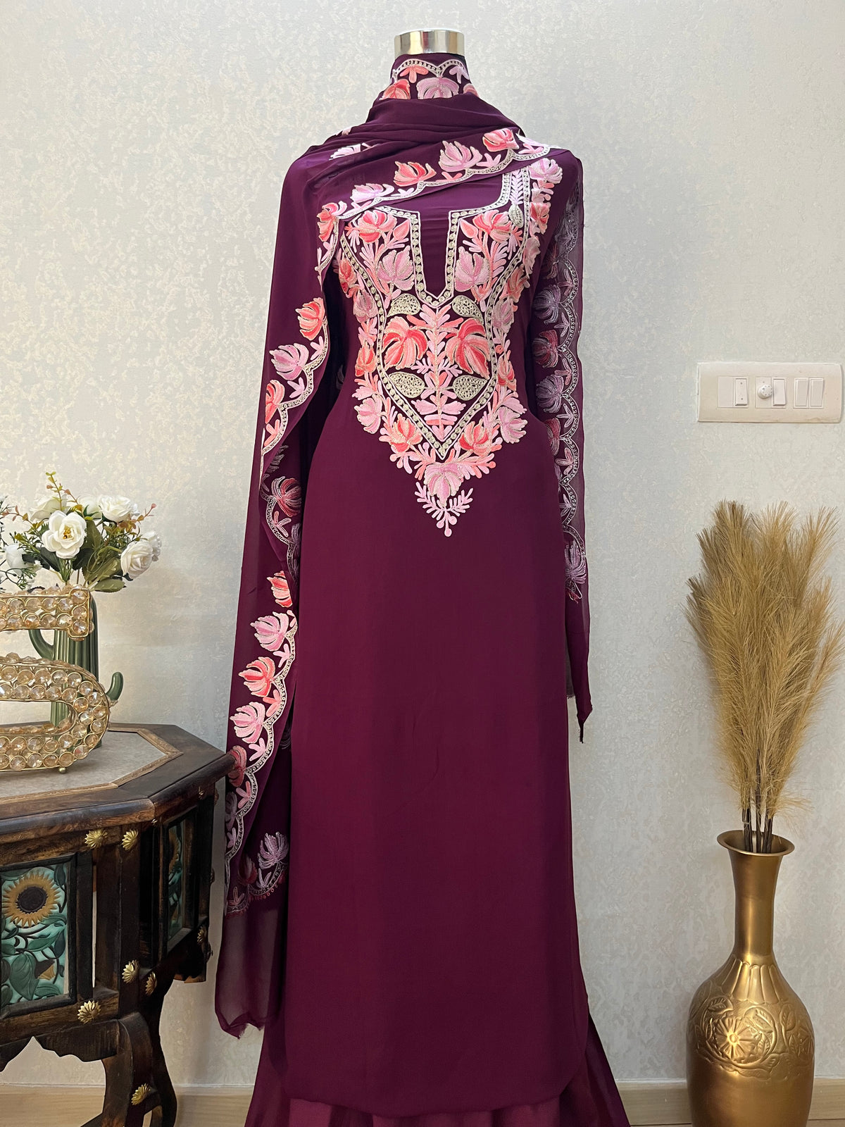 Wine Pure Georgette Kashmiri Suit