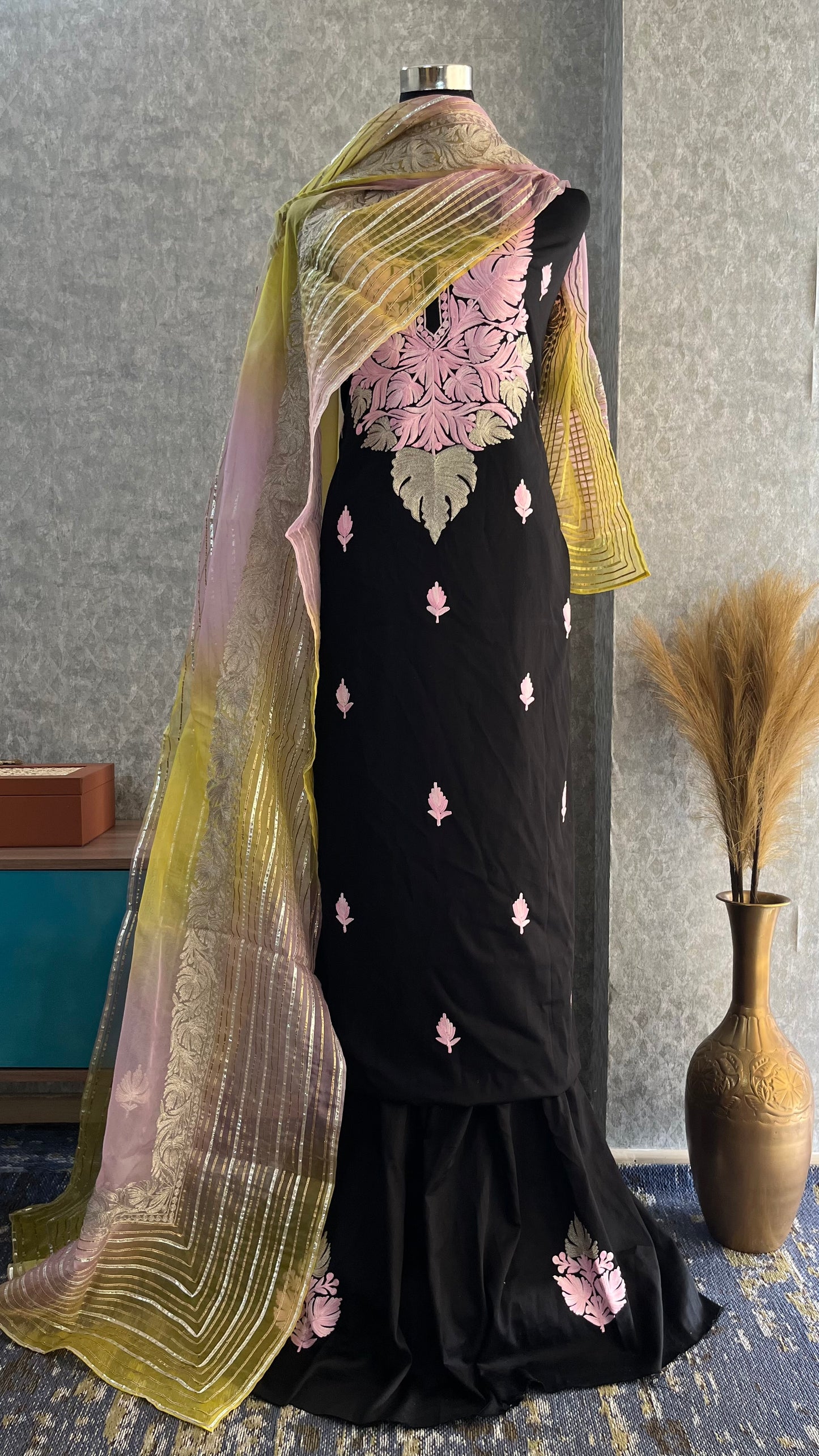 Black Satin Cotton Kashmiri Suit