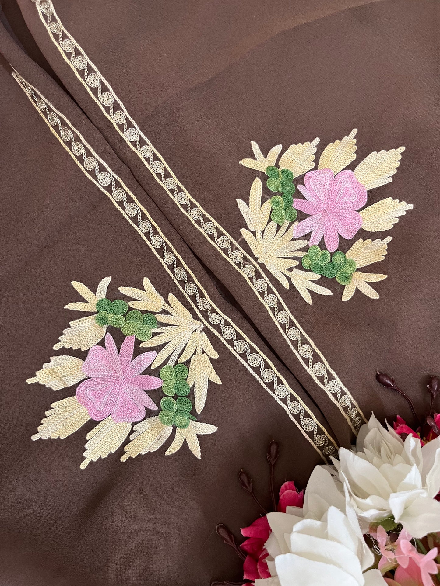 Coffee Brown Georgette 3 Pc Aari Embroidered Suit Set