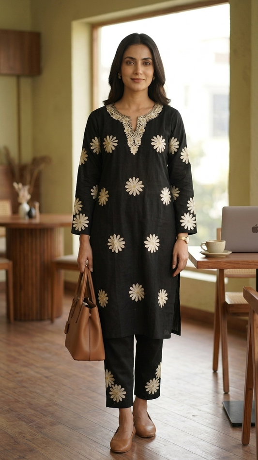 Black Cotton Embroidered Co-ord Set