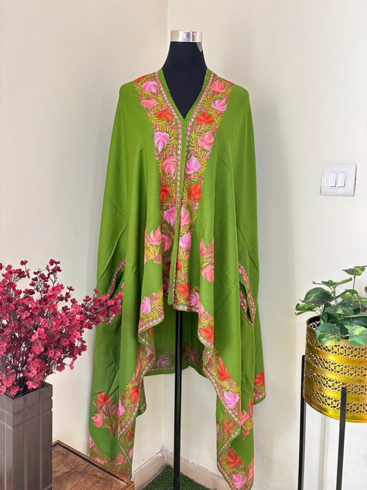 Henna Green Aari Embroidered Pure Wool Cape