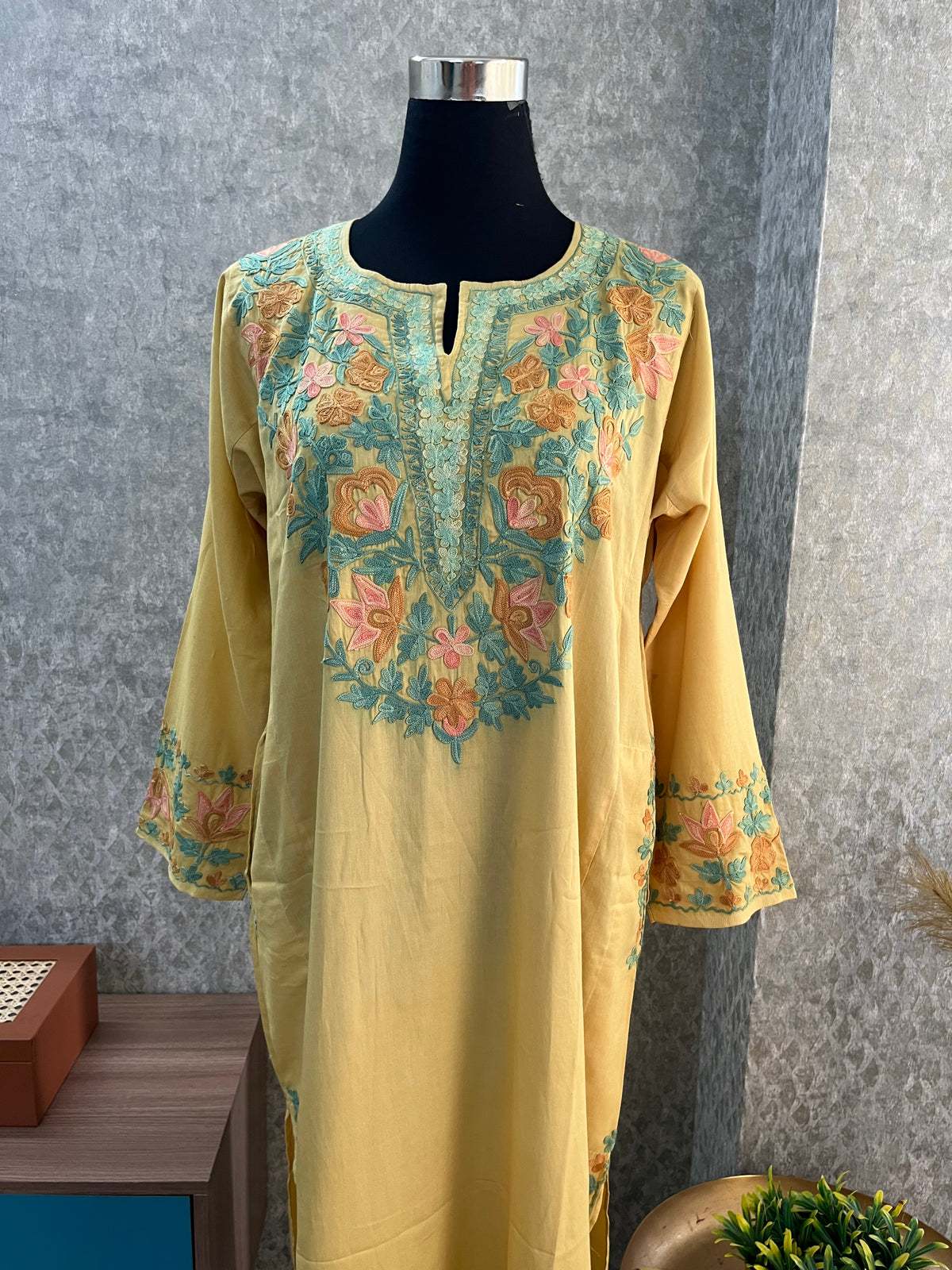 Golden Cotton Front Jaal Pheran Set  Size(44)