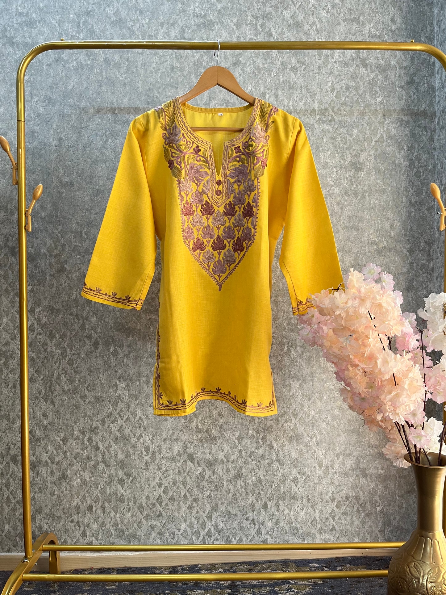 Yellow Cotton Aari Work Kurta