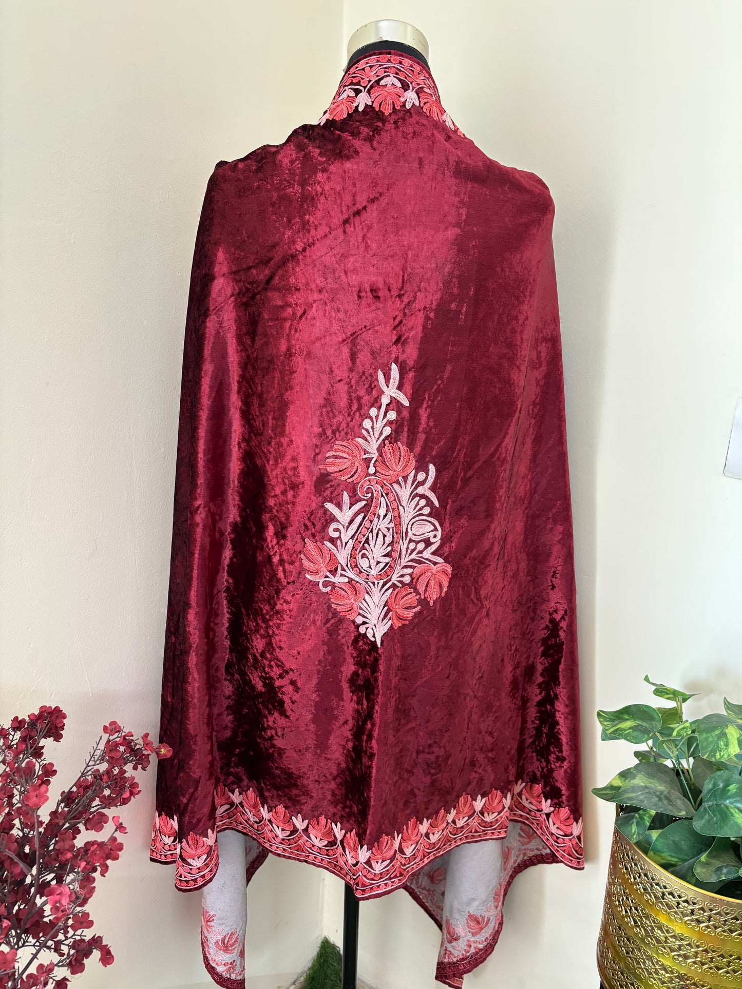 Maroon Aari Embroidered Makhmal Cape