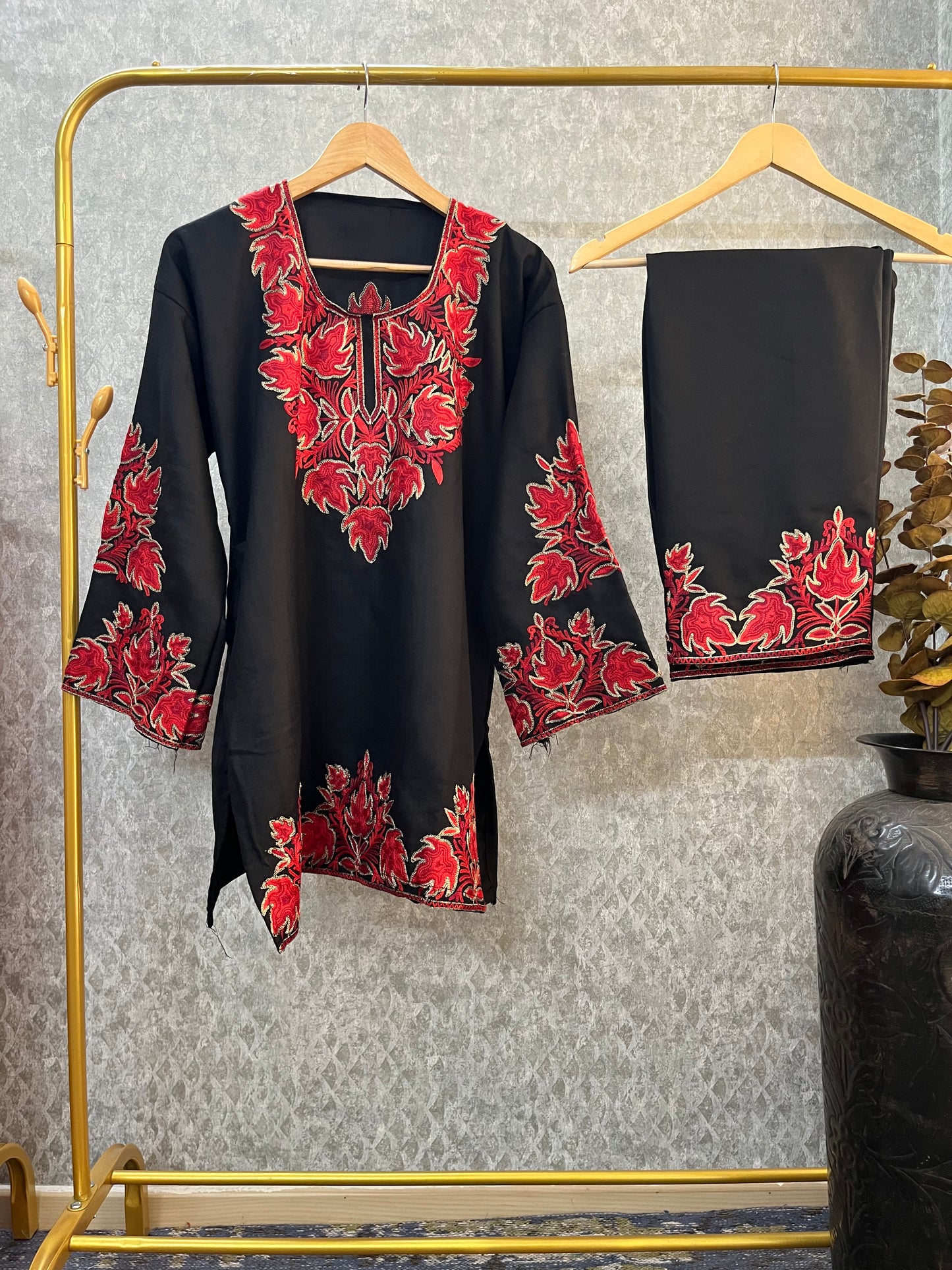Black Woollen Kashmiri Co-Ord Set ( Size 46)